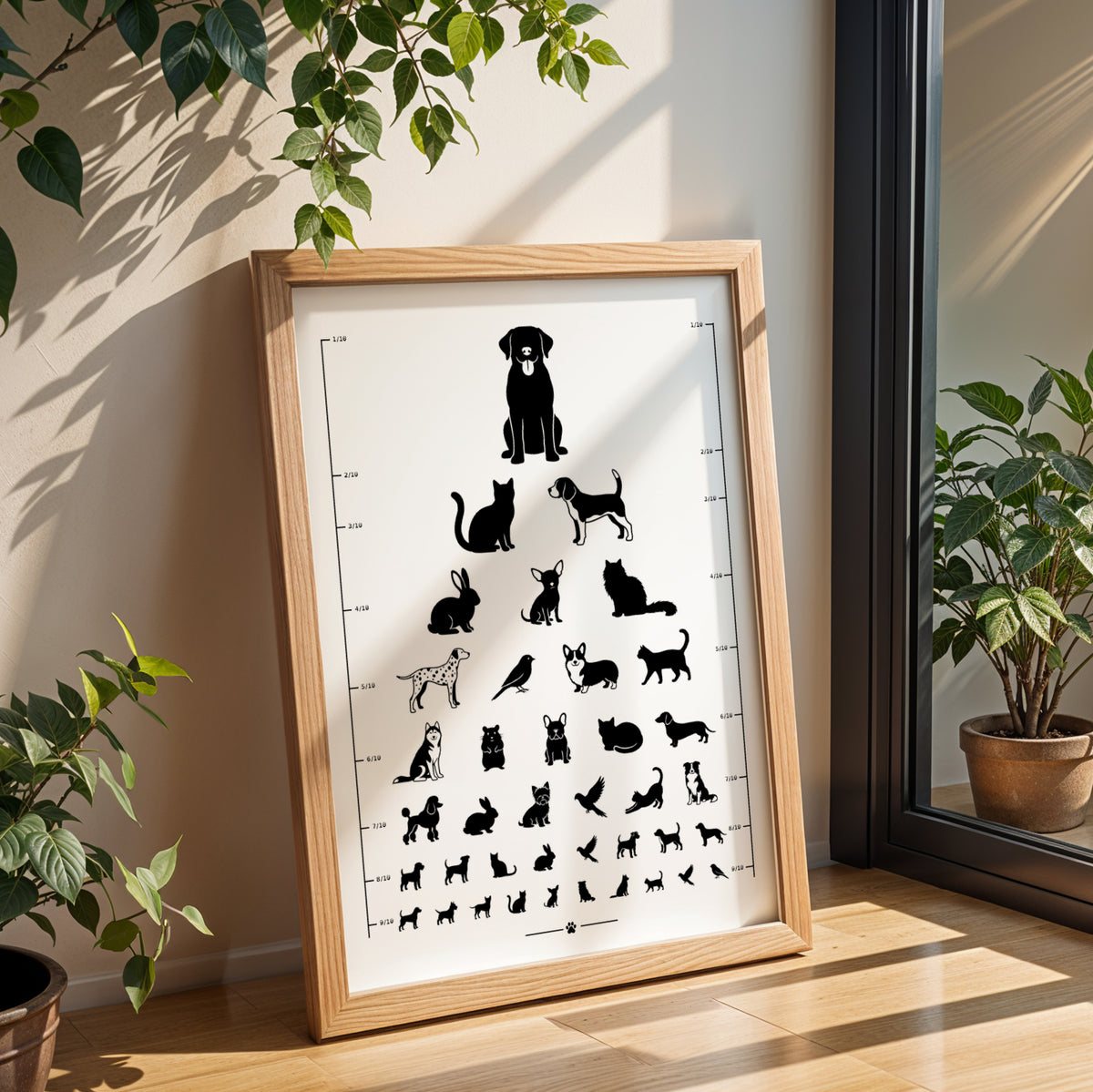 Affiche test de vue d’opticien avec silhouettes noires de chiens, chats, lapins et oiseaux