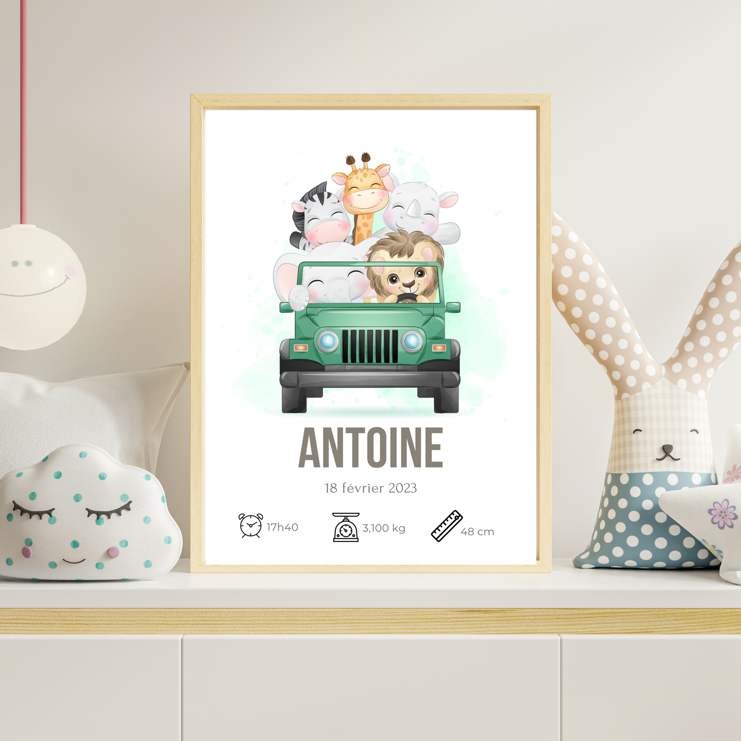 Affiche enfant safari - Poster animaux de la jungle - Cadeau de naissance personnalisé par Le Temps des Paillettes - Le Temps des Paillettes