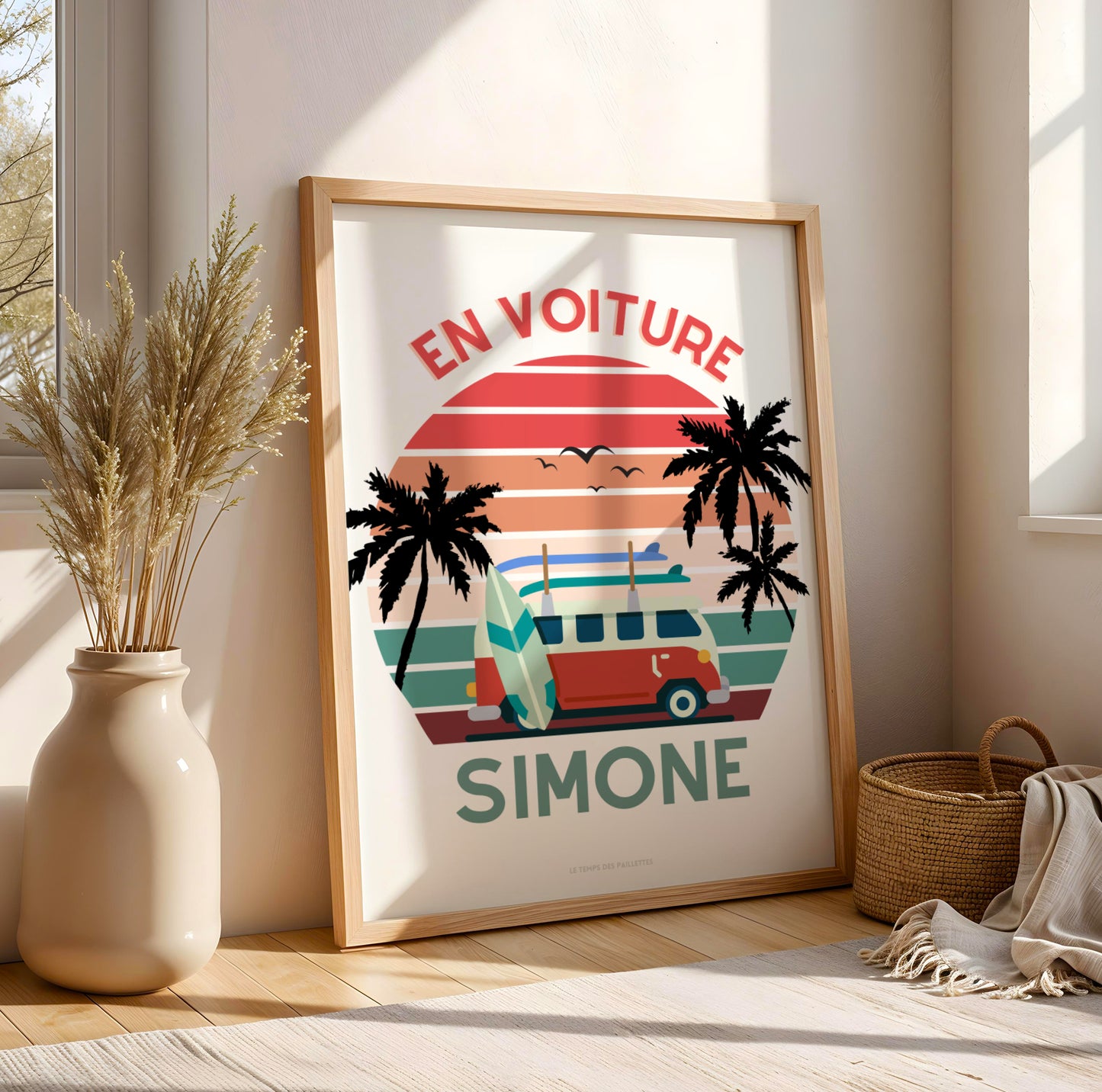 Affiche En voiture Simone - Affiche voyage et van - Affiche vintage sunset avec van par Le Temps des Paillettes