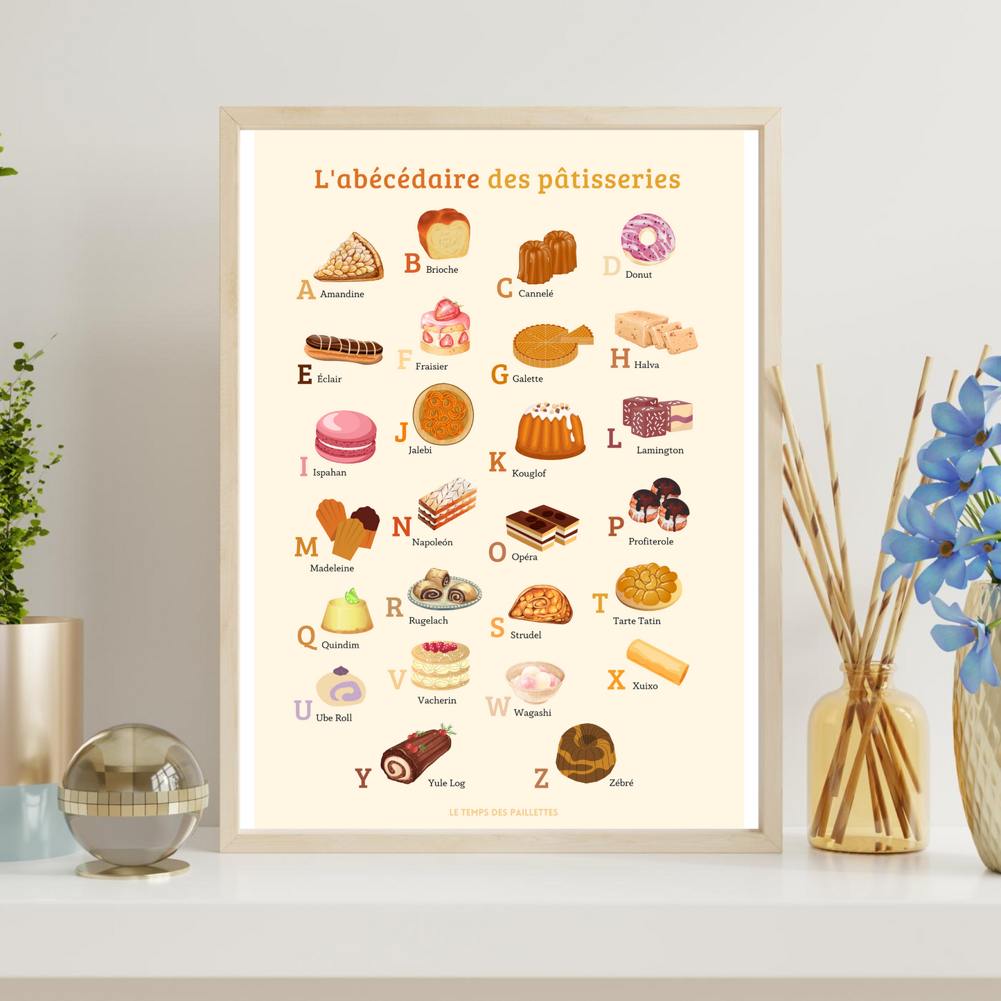 Affiche pâtisserie - ABC des pâtisseries en français - décoration pour boulangerie pâtisserie par Les Petits PDF - Le Temps des Paillettes