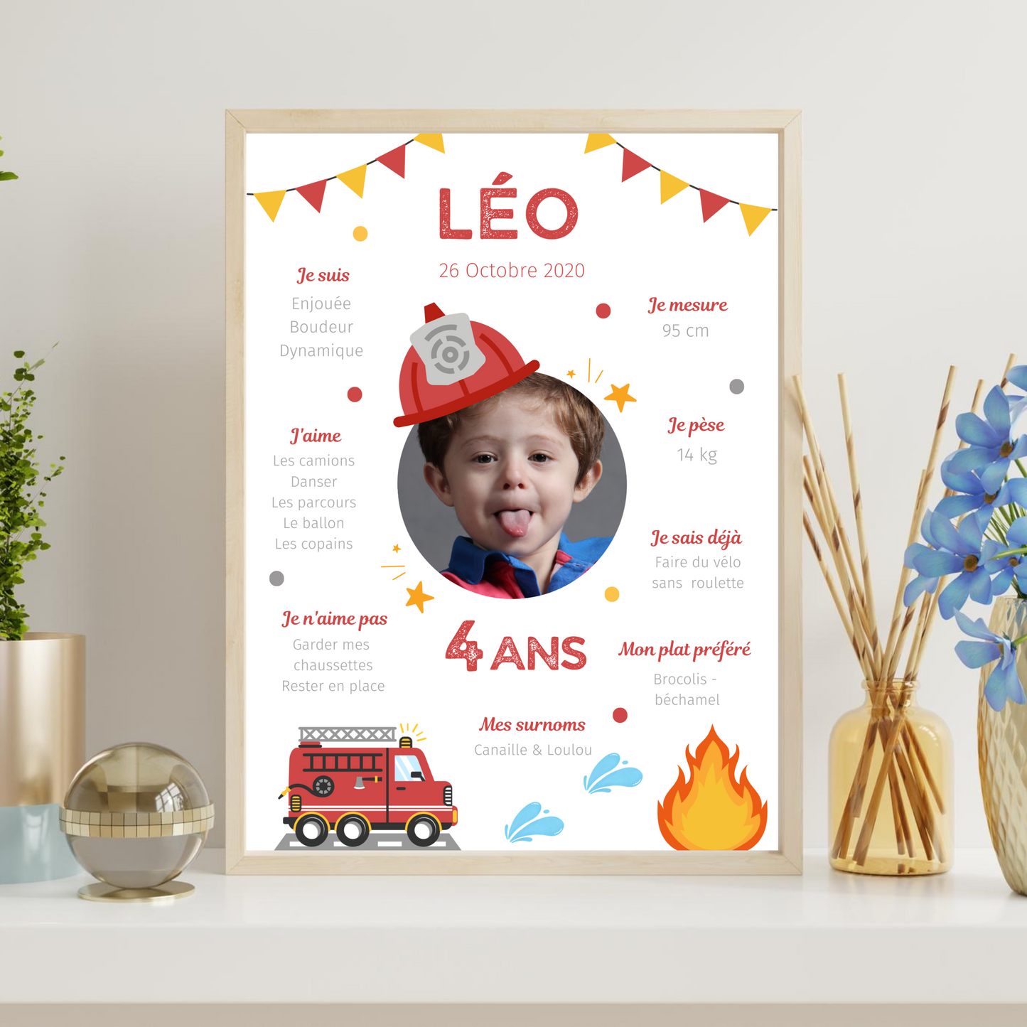 Affiche d'anniversaire personnalisée sur le thème Pompier - Cadeau Unique et Original - Le Temps des Paillettes
