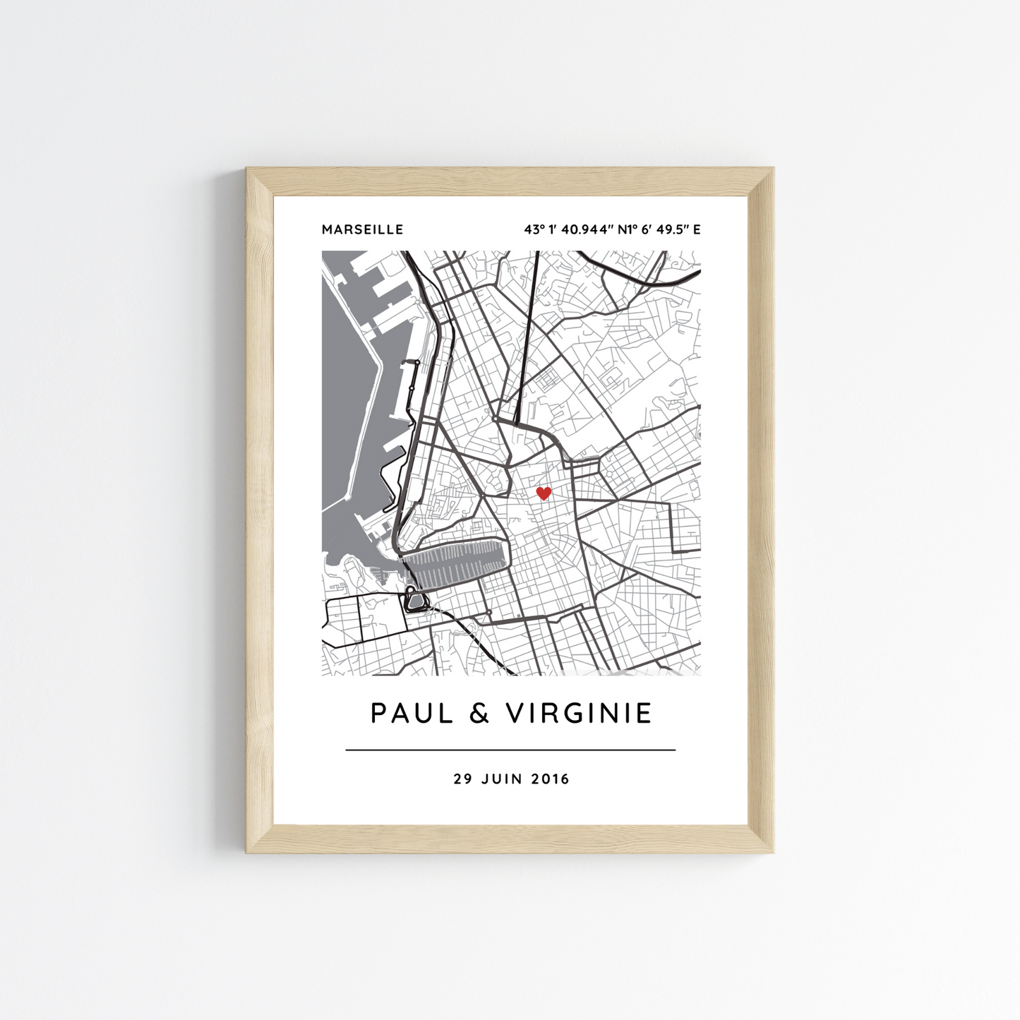 Affiche carte pour couple personnalisée avec lieu de rencontre - Affiche carte GPS par Le Temps des Paillettes - Le Temps des Paillettes