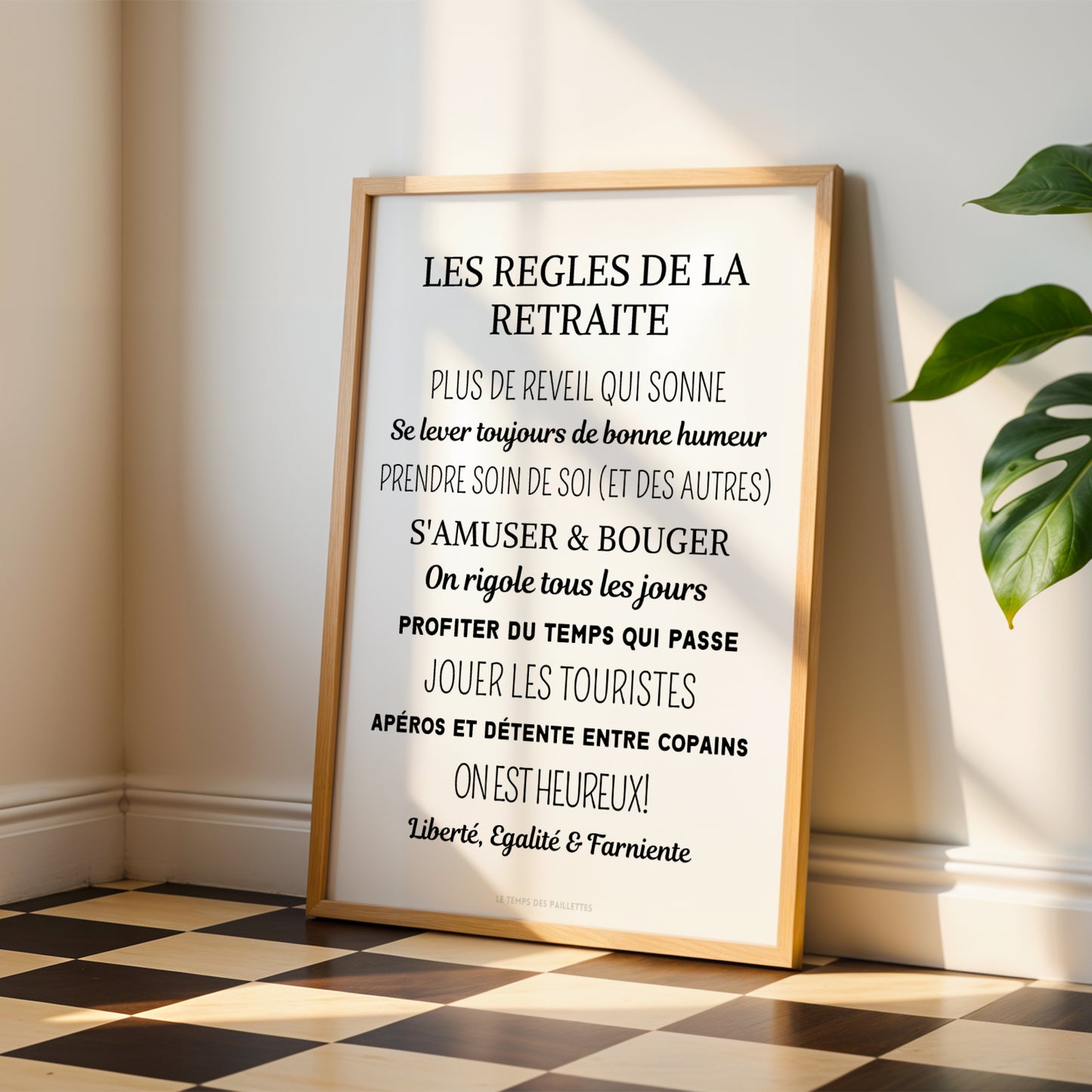 The Affiche cadeau départ à la retraite - poster retraiter personnalisé par Le Temps des Paillettes présente Les règles de la retraite en français, idéale comme décoration ou cadeau retraite pour célébrer ce nouveau départ.