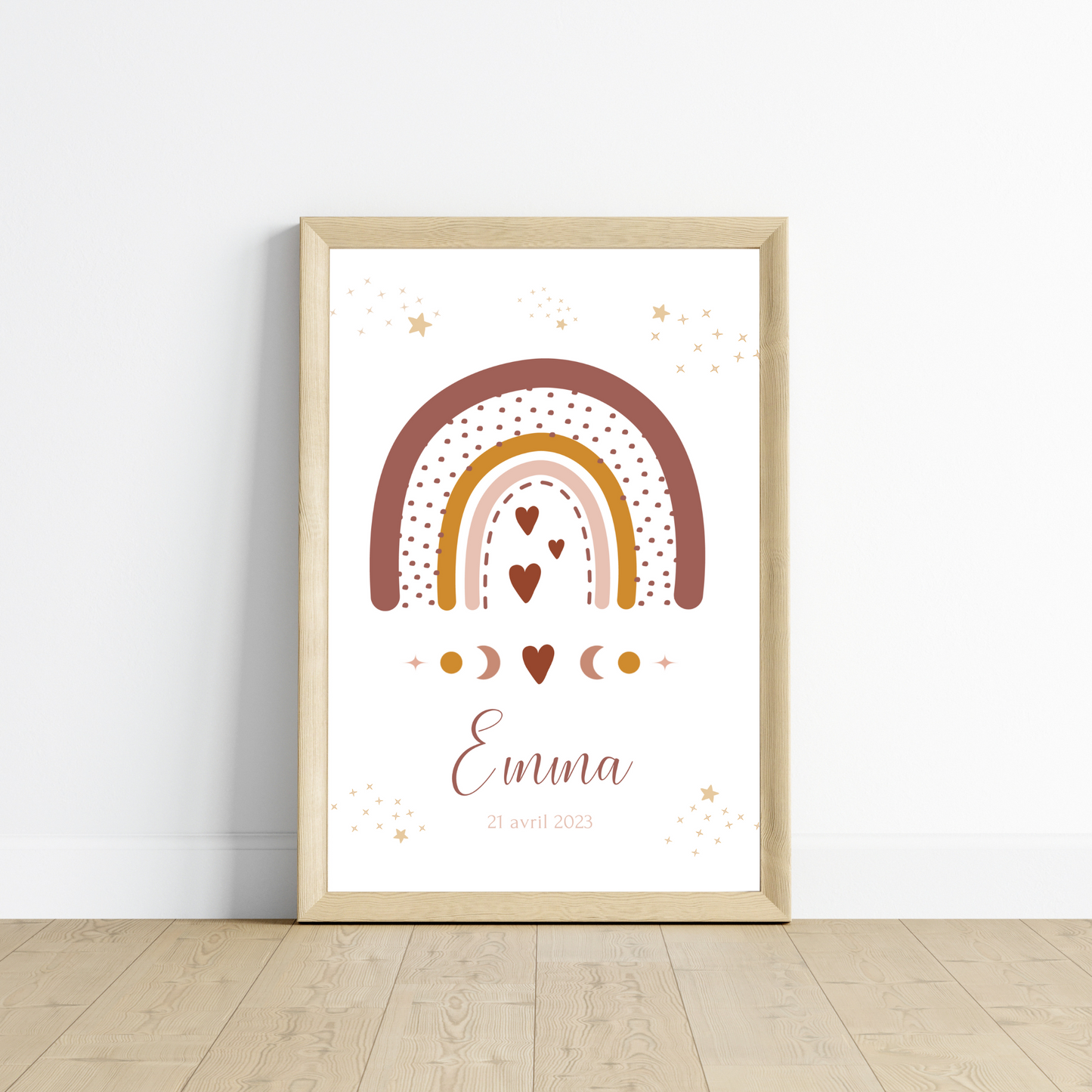 Set 3 affiches enfant terracotta bohème - décoration arc en ciel lune soleil