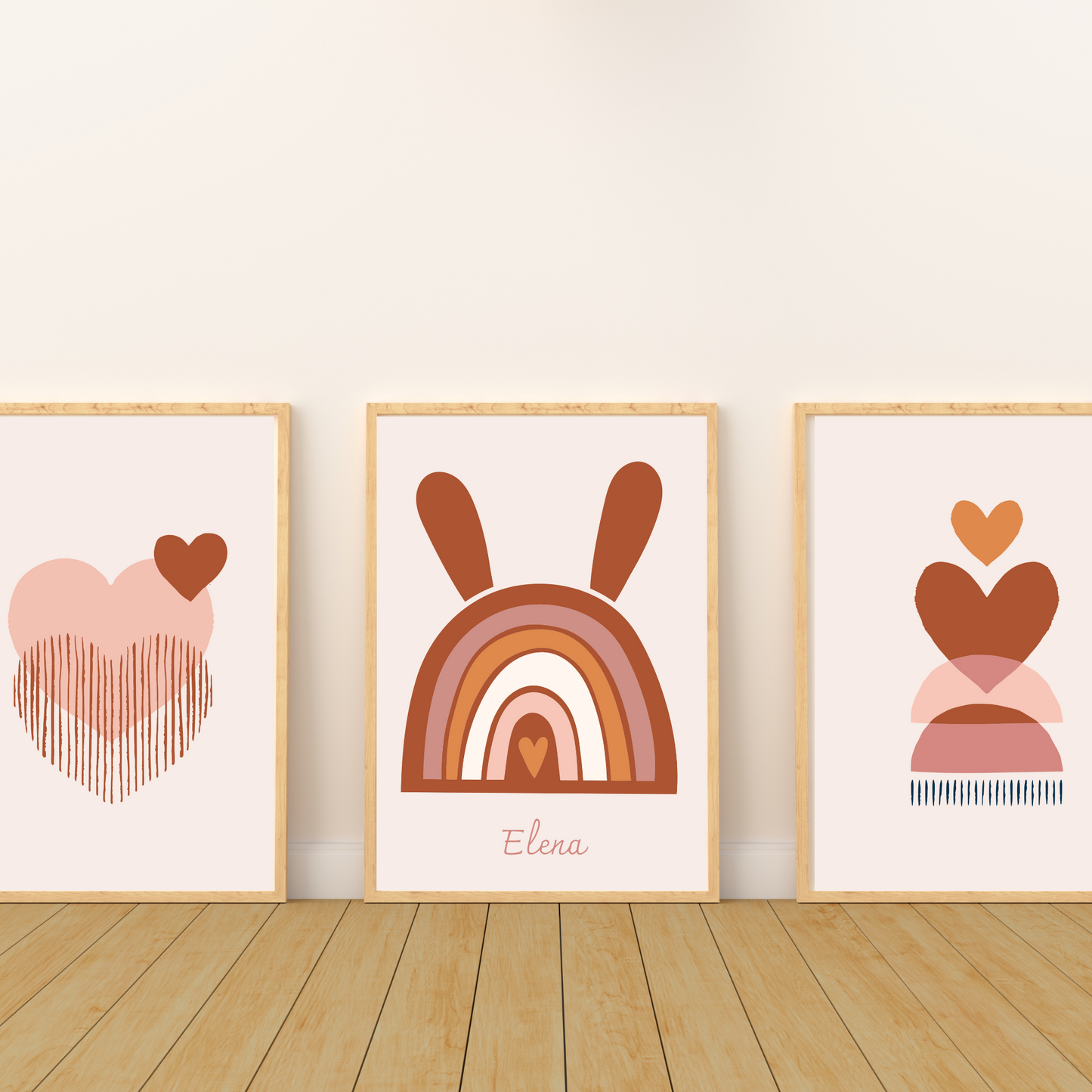 Affiches enfant Style Boho - Affiche de Naissance Arc-en-ciel Terracotta - Initiale et Triple Cœurs - Le Temps des Paillettes