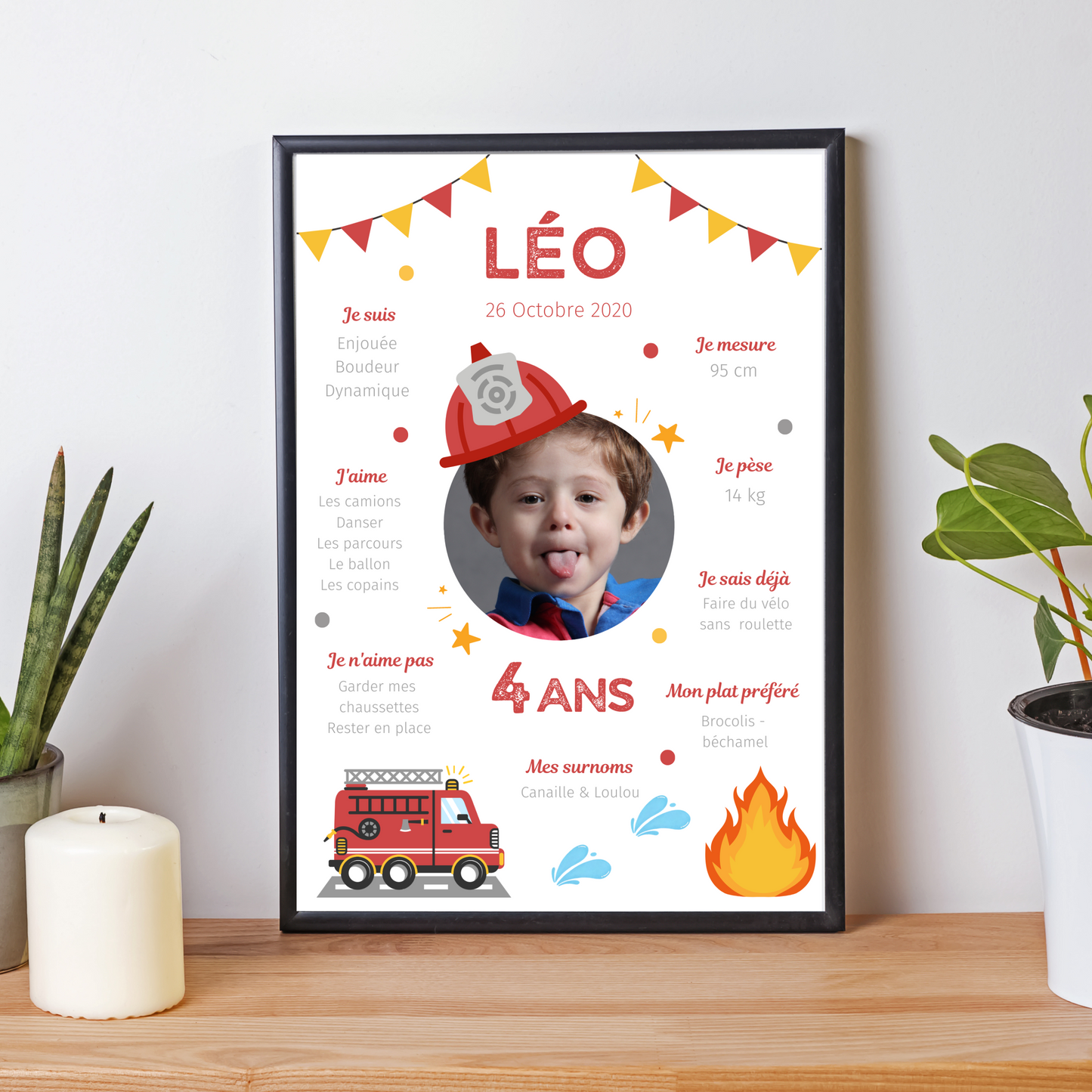 Affiche d'anniversaire personnalisée sur le thème Pompier - Cadeau Unique et Original - Le Temps des Paillettes