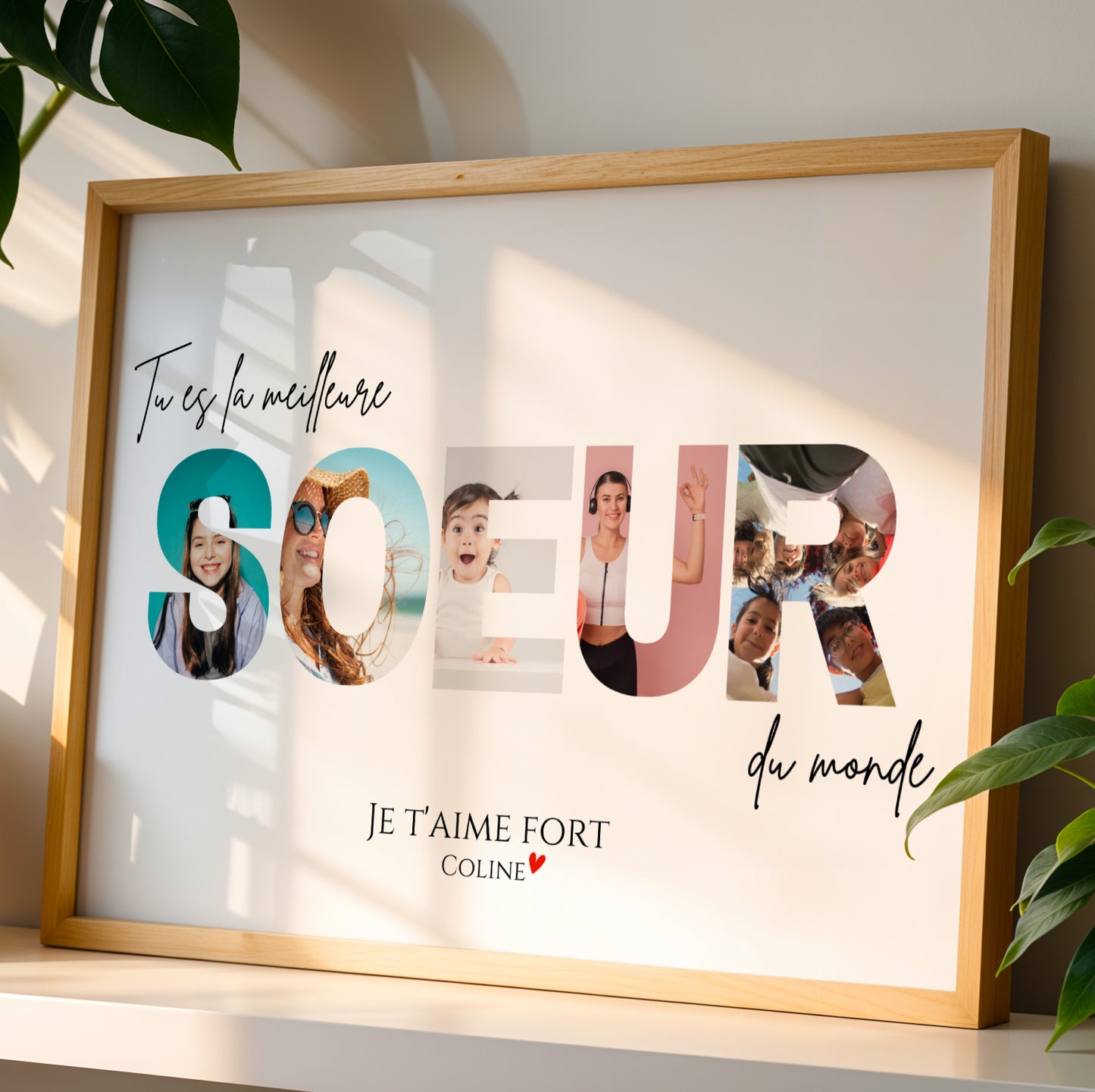 Affiche photo personnalisée sœur avec prénom et texte, souvenir familial unique, cadeau original pour anniversaire, Noël ou annonce de grossesse.