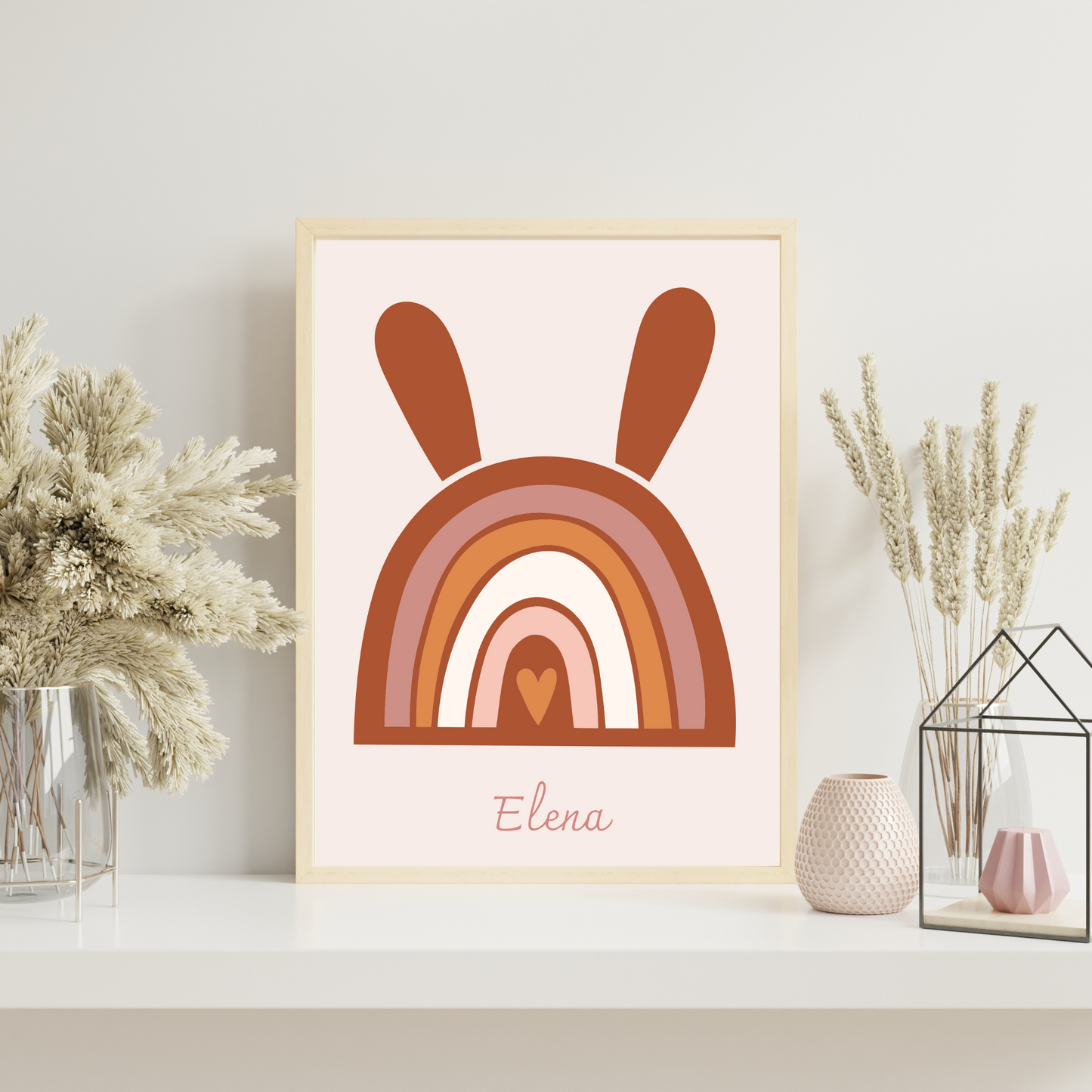 Affiches enfant Style Boho - Affiche de Naissance Arc-en-ciel Terracotta - Initiale et Triple Cœurs - Le Temps des Paillettes
