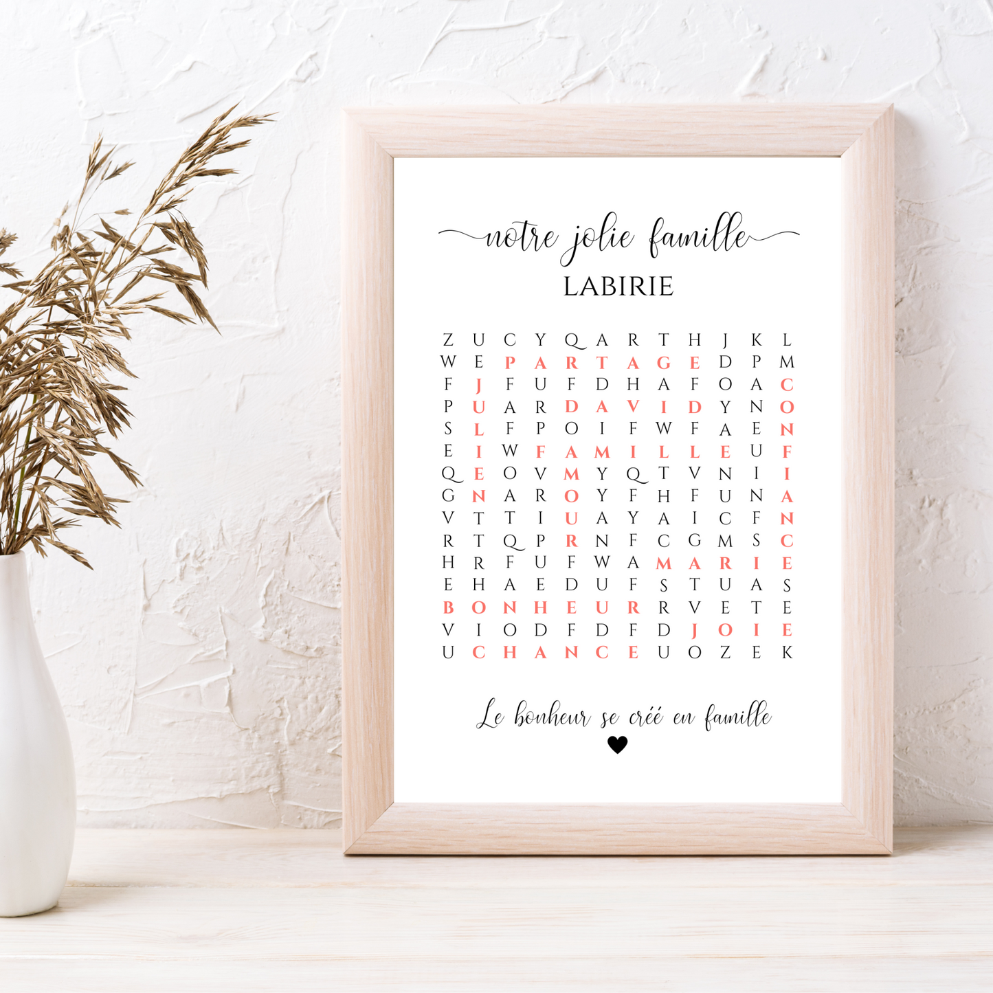 Affiche famille mot mêlés - Cadre personnalisé mots croisés famille et couple - Cadeau de noël personnalisé par Le Temps des Paillettes - Le Temps des Paillettes