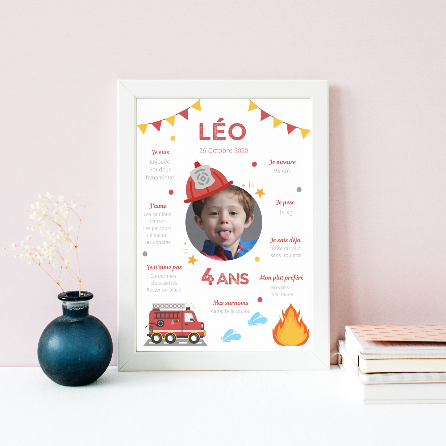 Affiche d'anniversaire personnalisée sur le thème Pompier - Cadeau Unique et Original - Le Temps des Paillettes