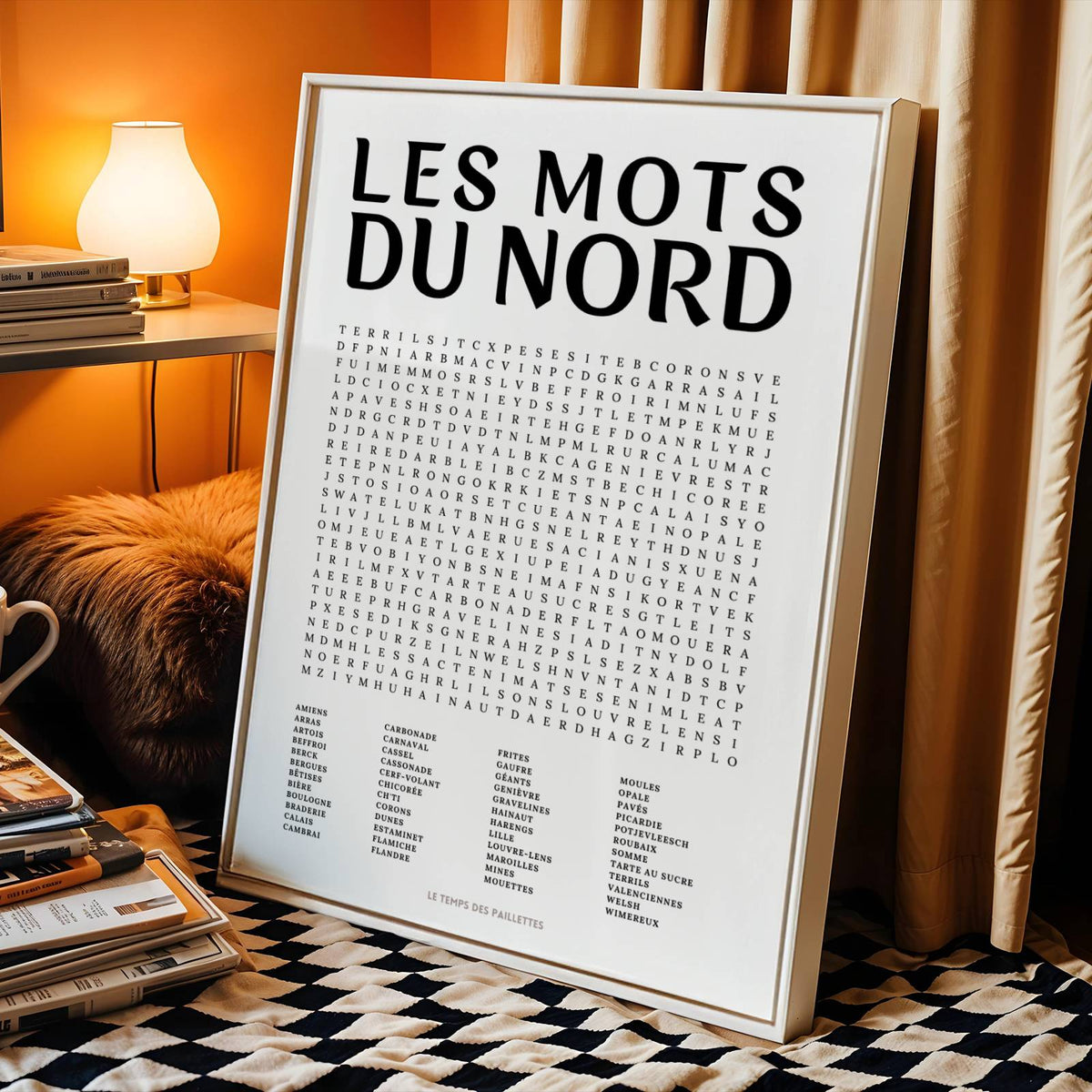 Affiche mots mêlés du Nord - poster régional en noir et blanc avec grille de mots à chercher
