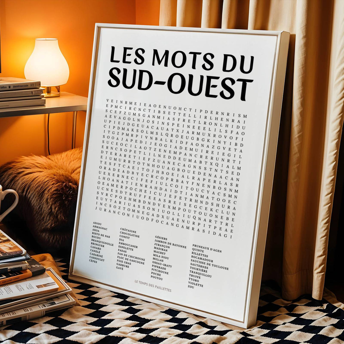 Affiche mots mêlés du Sud-Ouest - poster régional en noir et blanc avec grille de mots à chercher