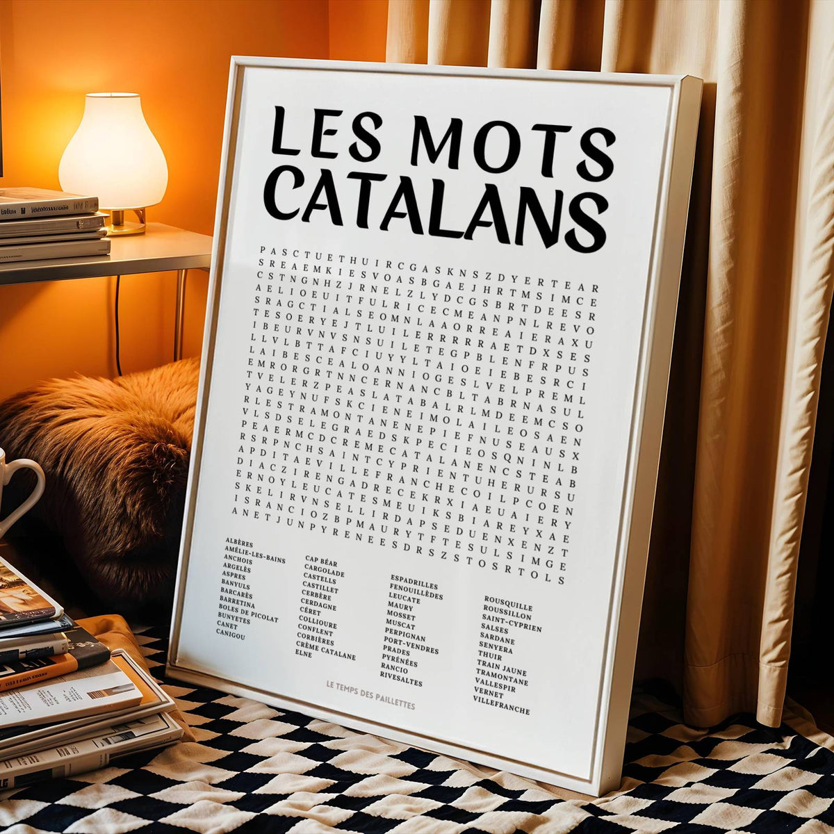 Affiche mots mêlés des Catalans - poster régional en noir et blanc avec grille de mots à chercher