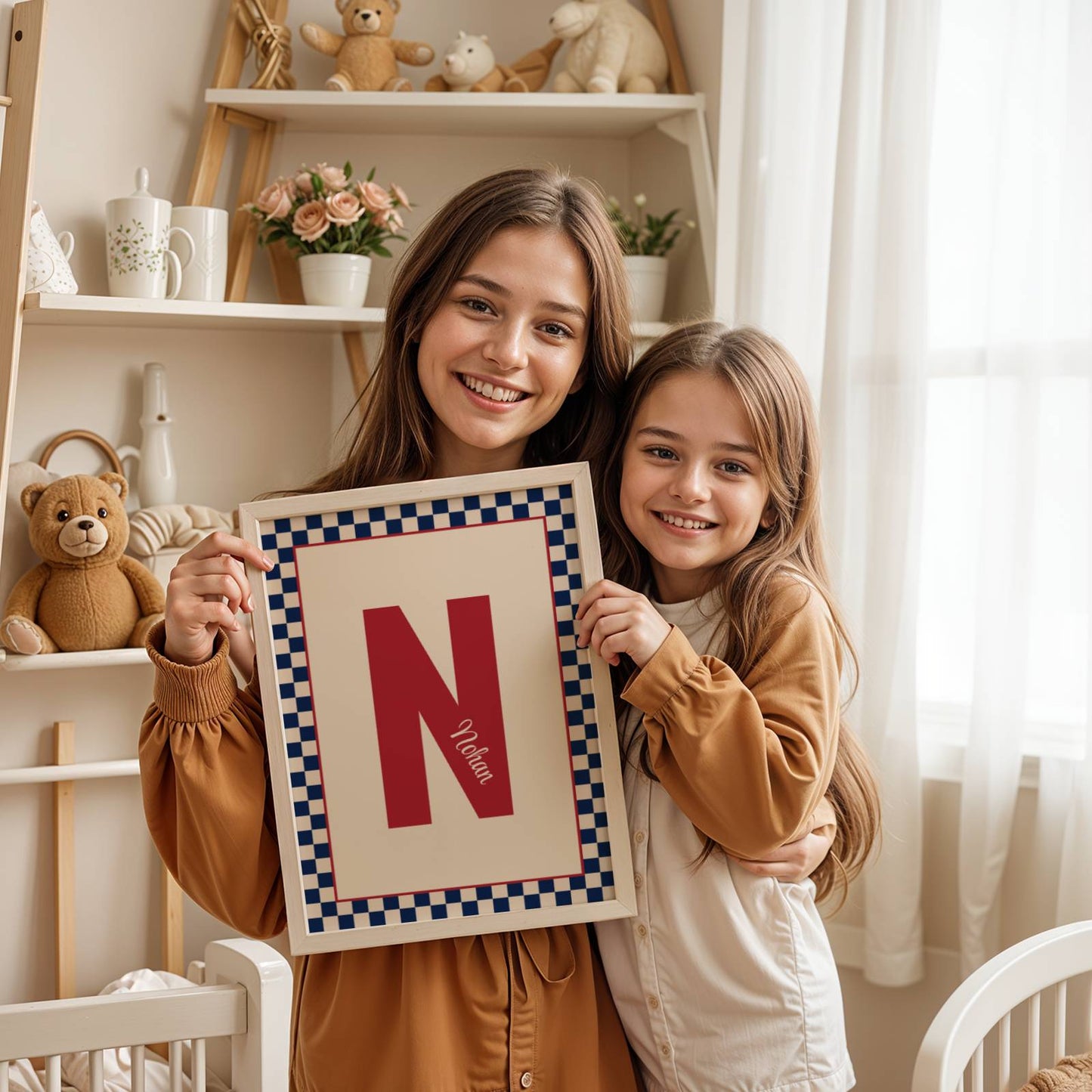 Affiche enfant personnalisé prénom initiale et damier : art mural chambre d'enfant moderne personnalisé