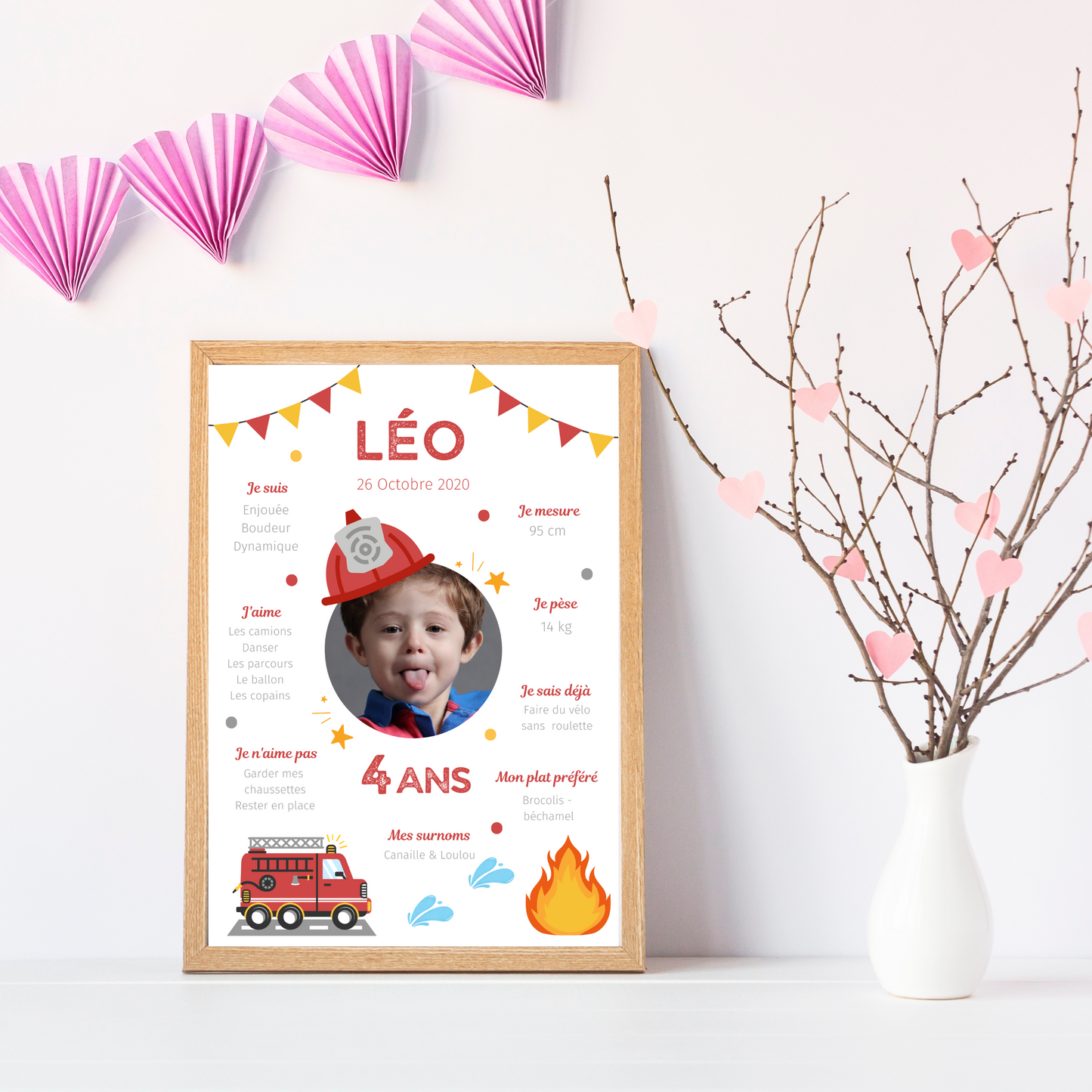 Affiche d'anniversaire personnalisée sur le thème Pompier - Cadeau Unique et Original - Le Temps des Paillettes