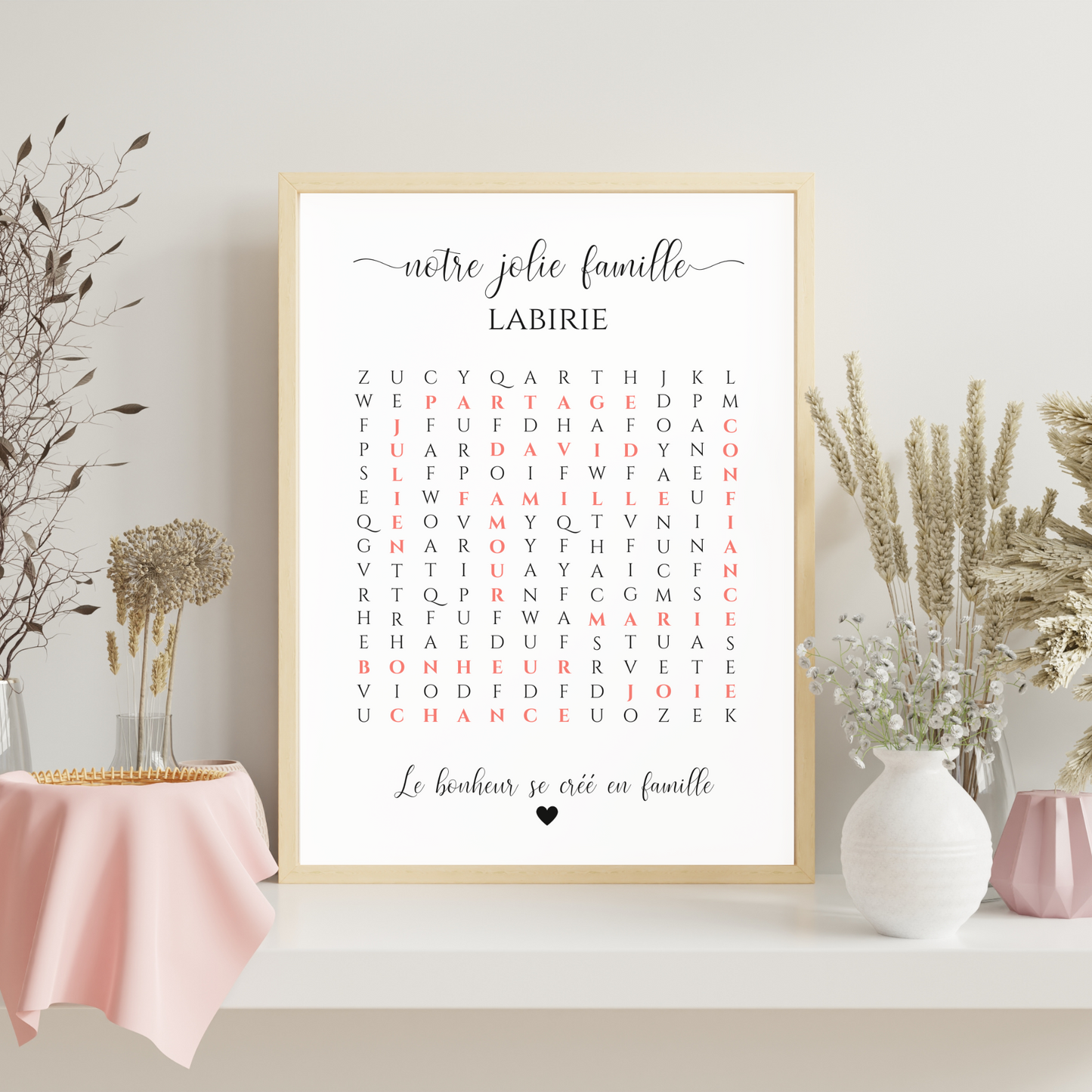 Affiche famille mot mêlés - Cadre personnalisé mots croisés famille et couple - Cadeau de noël personnalisé par Le Temps des Paillettes - Le Temps des Paillettes