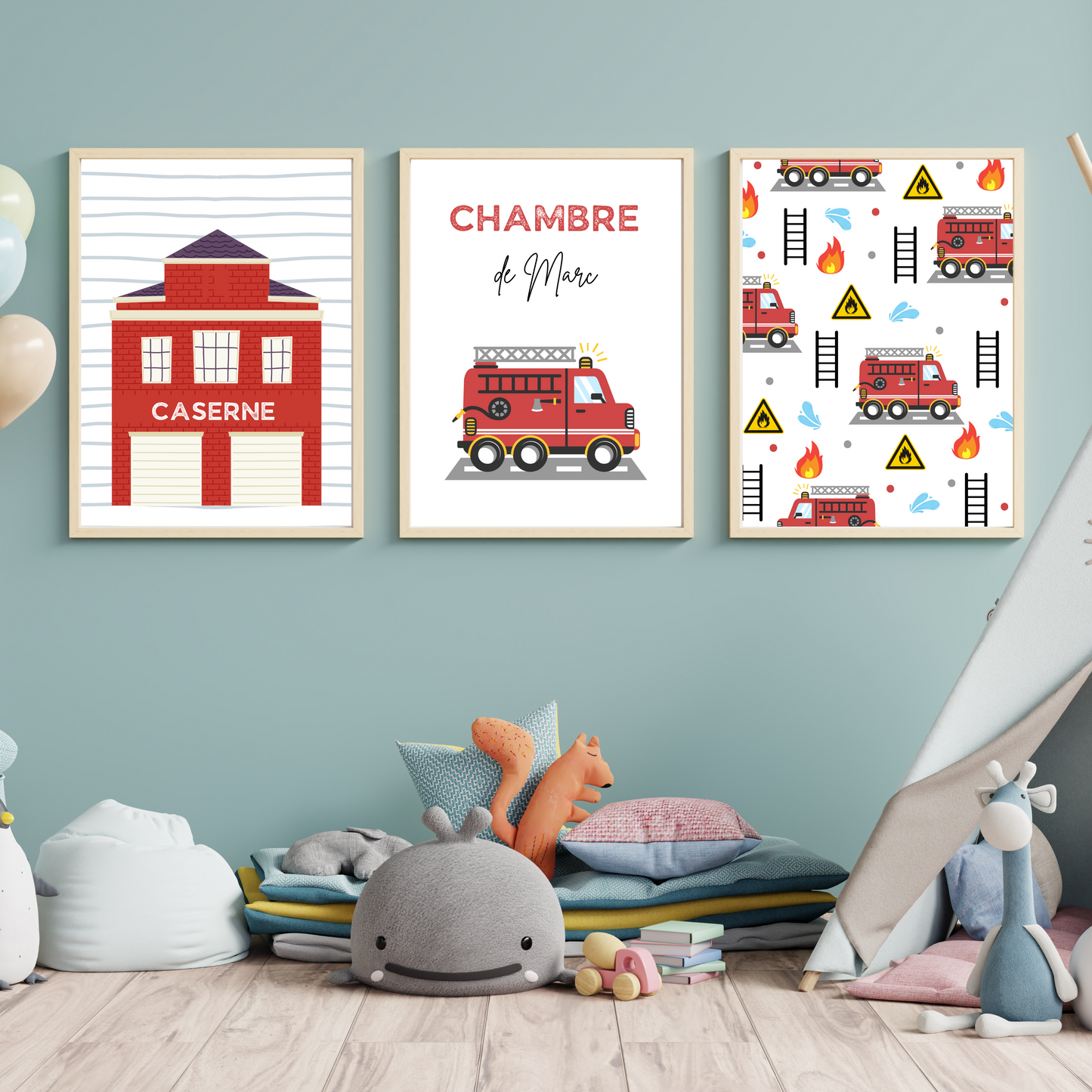 Affiches enfant pompier - Affiche chambre de garçon personnalisé - décoration pompier par Le Temps des Paillettes - Le Temps des Paillettes