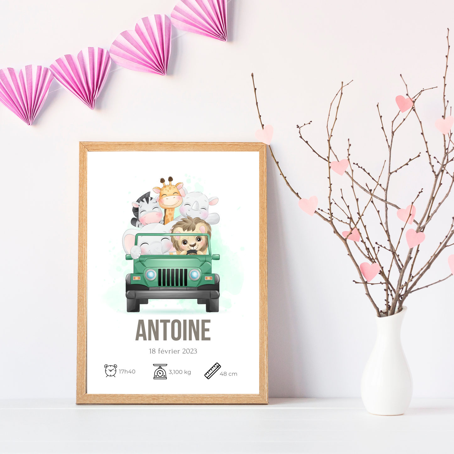 Affiche enfant safari - Poster animaux de la jungle - Cadeau de naissance personnalisé par Le Temps des Paillettes - Le Temps des Paillettes