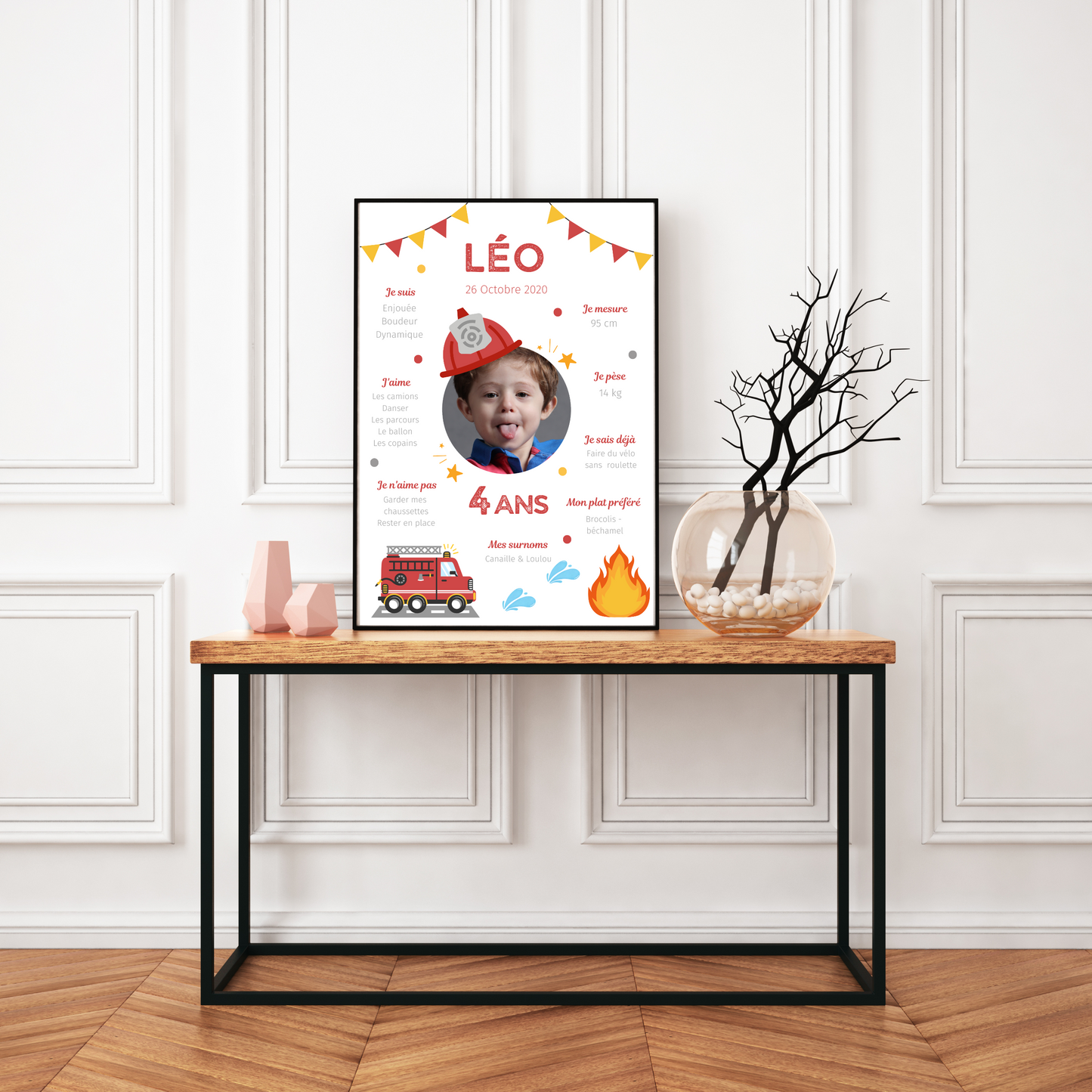Affiche d'anniversaire personnalisée sur le thème Pompier - Cadeau Unique et Original - Le Temps des Paillettes