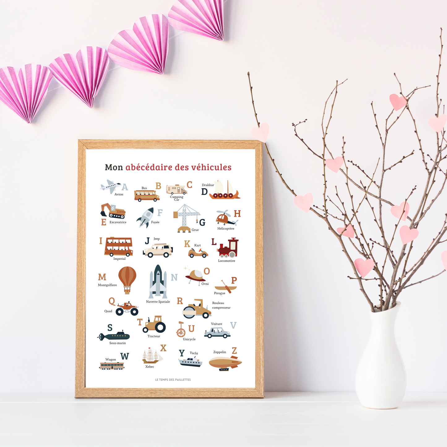 Affiche abécédaire des véhicules - décoration engins - ABC en français par Le Temps des Paillettes - Le Temps des Paillettes