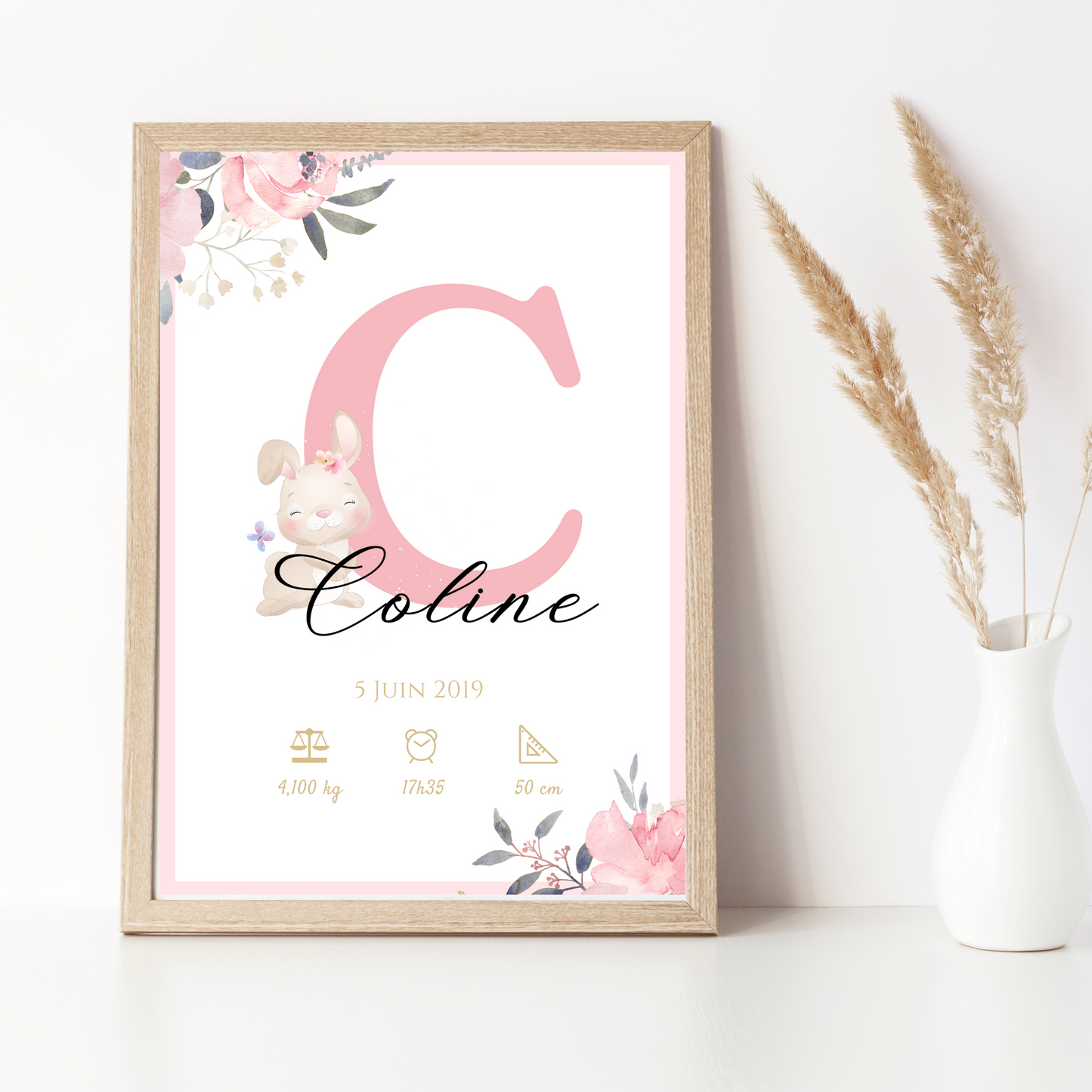 Affiche de naissance personnalisée prénom initiale lapin et roses - Cadeau de naissance personnalisé par Le Temps des Paillettes - Le Temps des Paillettes