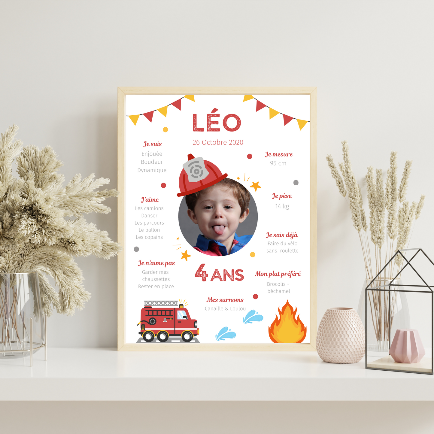 Affiche d'anniversaire personnalisée sur le thème Pompier - Cadeau Unique et Original - Le Temps des Paillettes