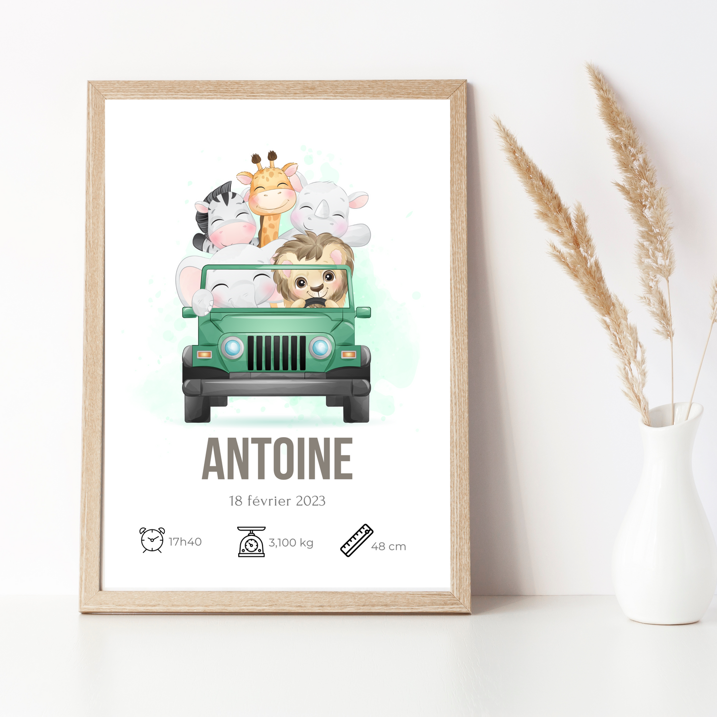 Affiche enfant safari - Poster animaux de la jungle - Cadeau de naissance personnalisé par Le Temps des Paillettes - Le Temps des Paillettes