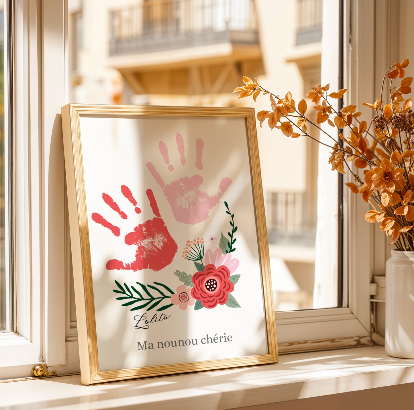 Affiche personnalisée pour nounou avec empreinte de main et bouquet de fleurs - Image 5