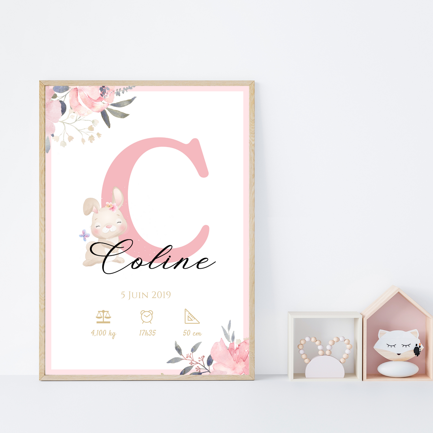 Affiche de naissance personnalisée prénom initiale lapin et roses - Cadeau de naissance personnalisé par Le Temps des Paillettes - Le Temps des Paillettes