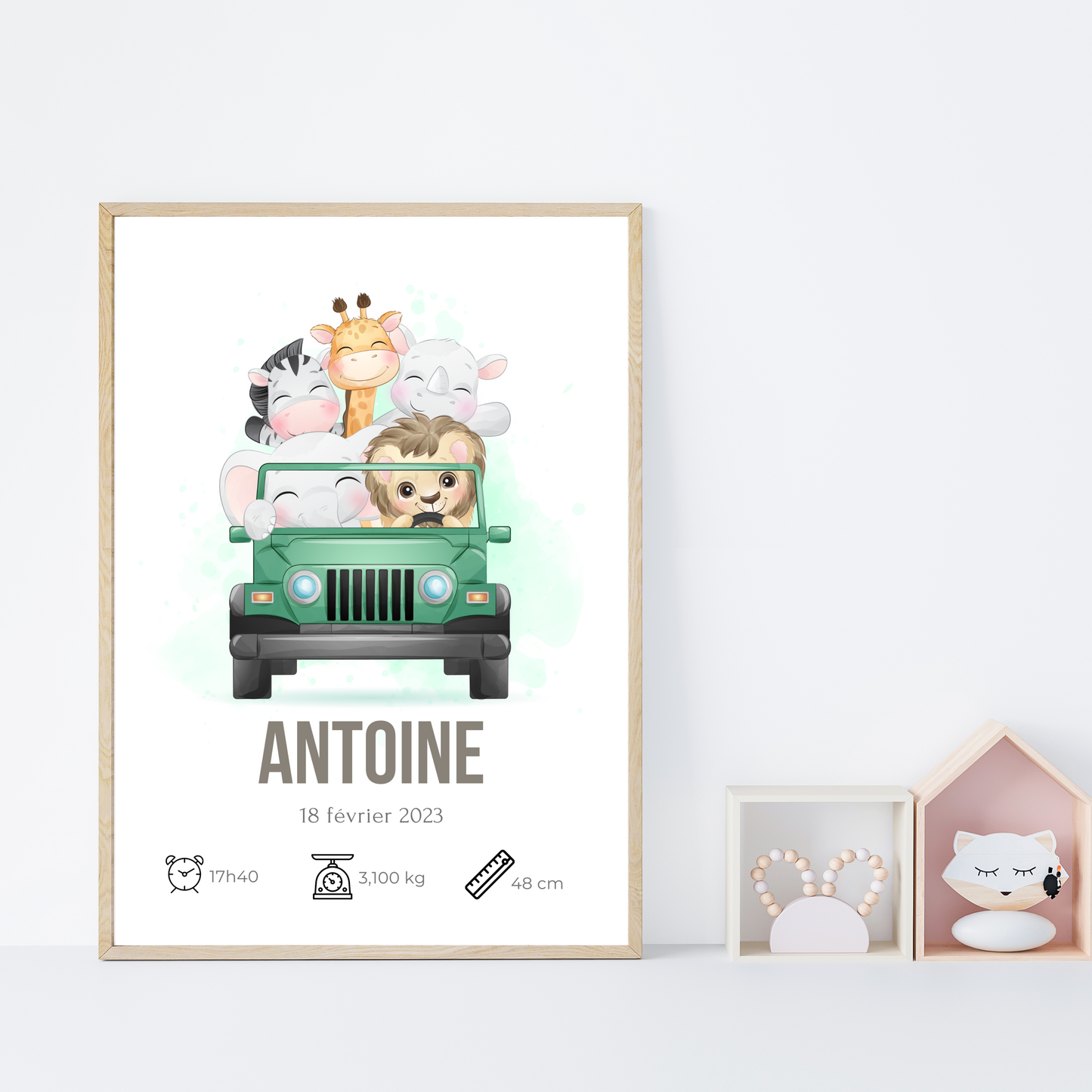 Affiche enfant safari - Poster animaux de la jungle - Cadeau de naissance personnalisé par Le Temps des Paillettes - Le Temps des Paillettes