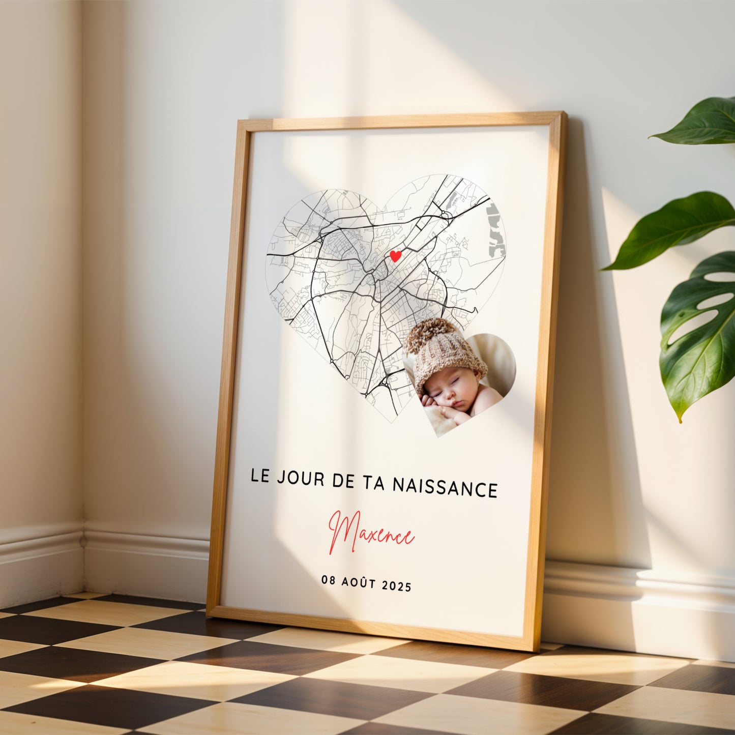 Affiche personnalisée date et ville de naissance avec photo – Souvenir naissance bébé – Déco chambre bébé élégante – Cadeau jeunes parents