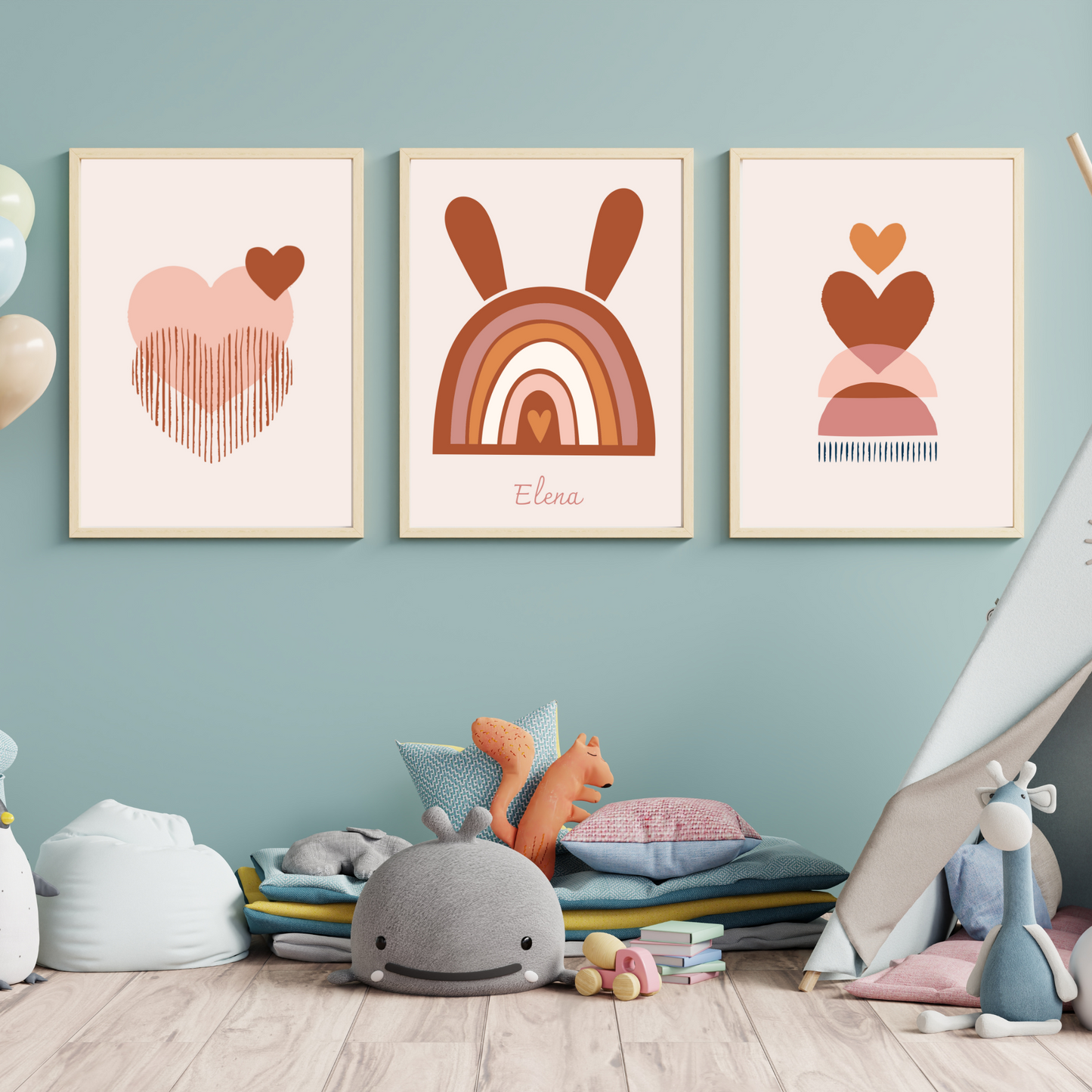 Affiches enfant Style Boho - Affiche de Naissance Arc-en-ciel Terracotta - Initiale et Triple Cœurs - Le Temps des Paillettes