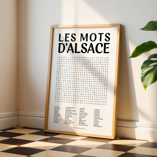 Affiche mots mêlés de l'Alsace - poster régional en noir et blanc avec grille de mots à chercher