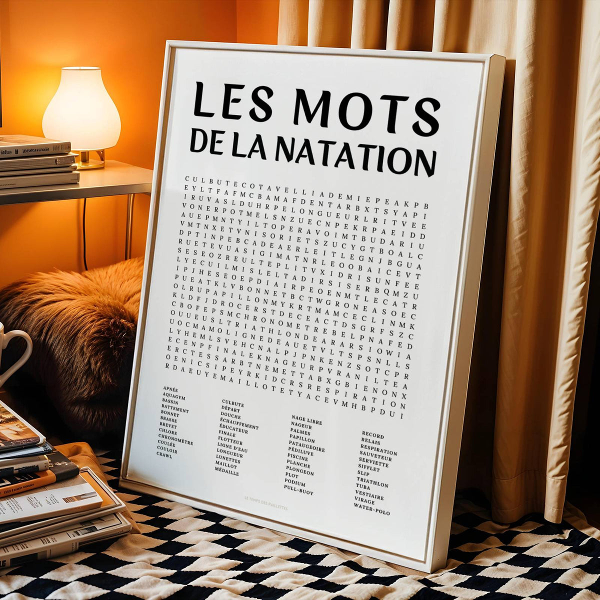 Affiche mots mêlés de la natation - poster sport en noir et blanc avec grille de mots à chercher