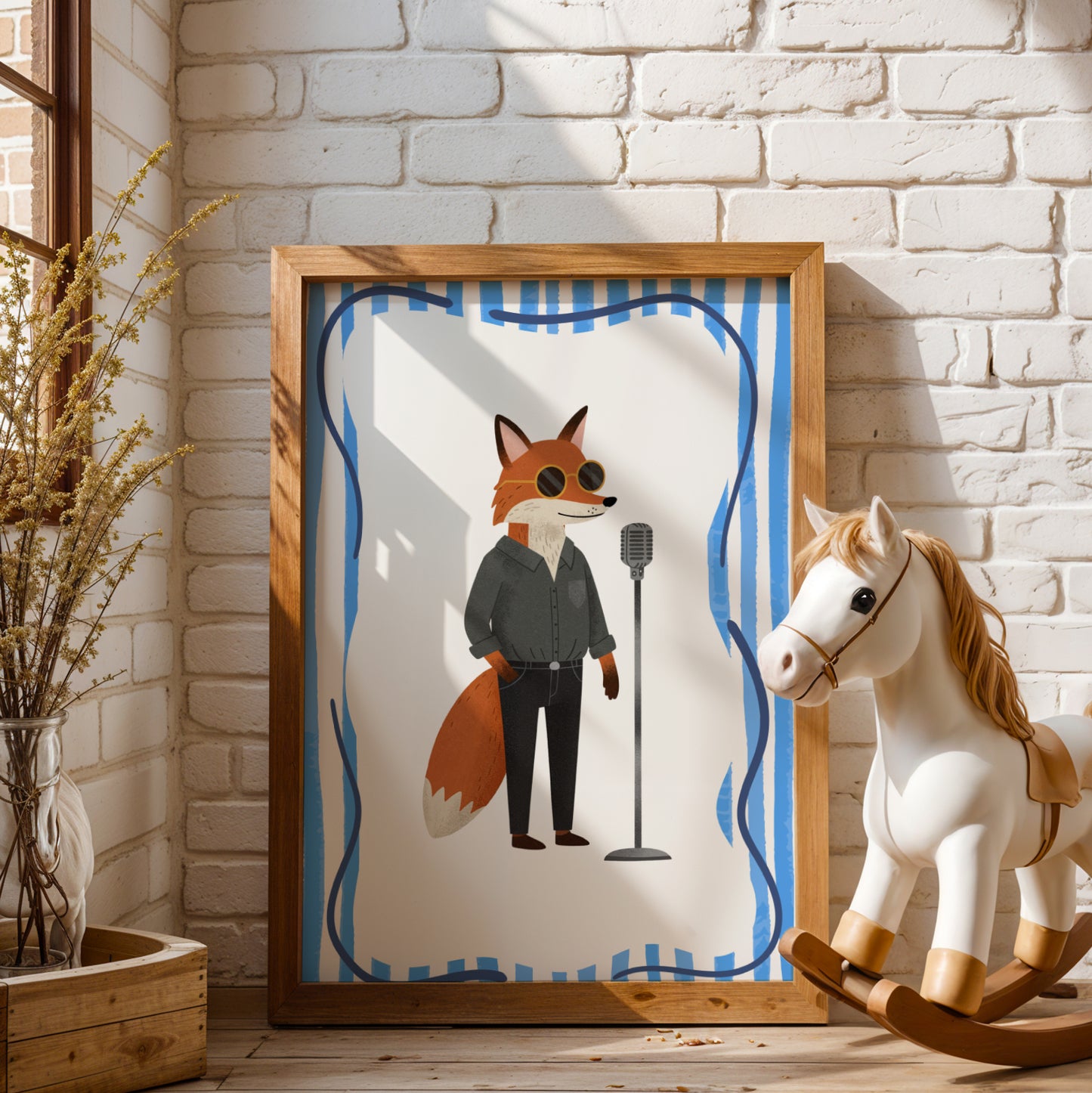 Affiche Renard Chanteur – Décoration Éveil Musical Enfant, Poster Animaux Musiciens, Illustration Colorée Chambre Bébé