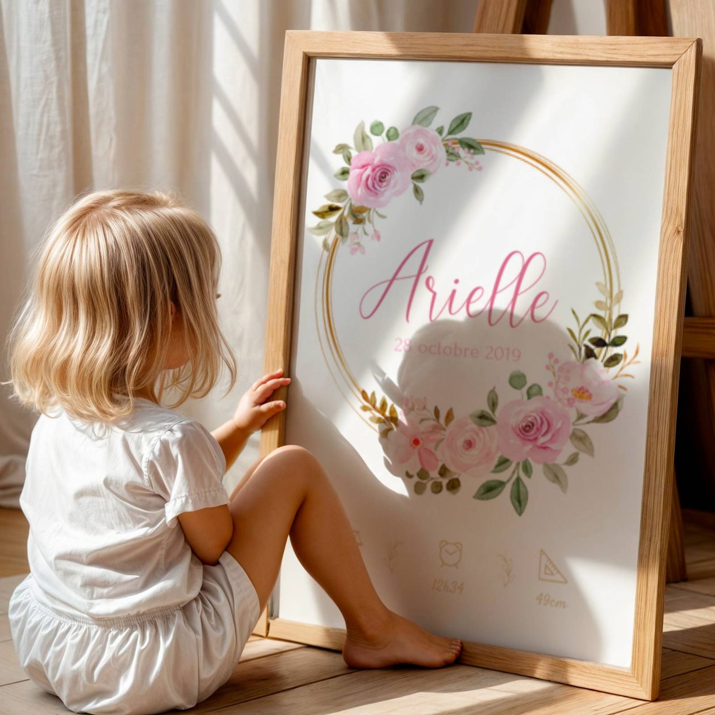 affiche de naissance personnalisée fleurs couronne florale prénom bébé décoration chambre bébé élégante
