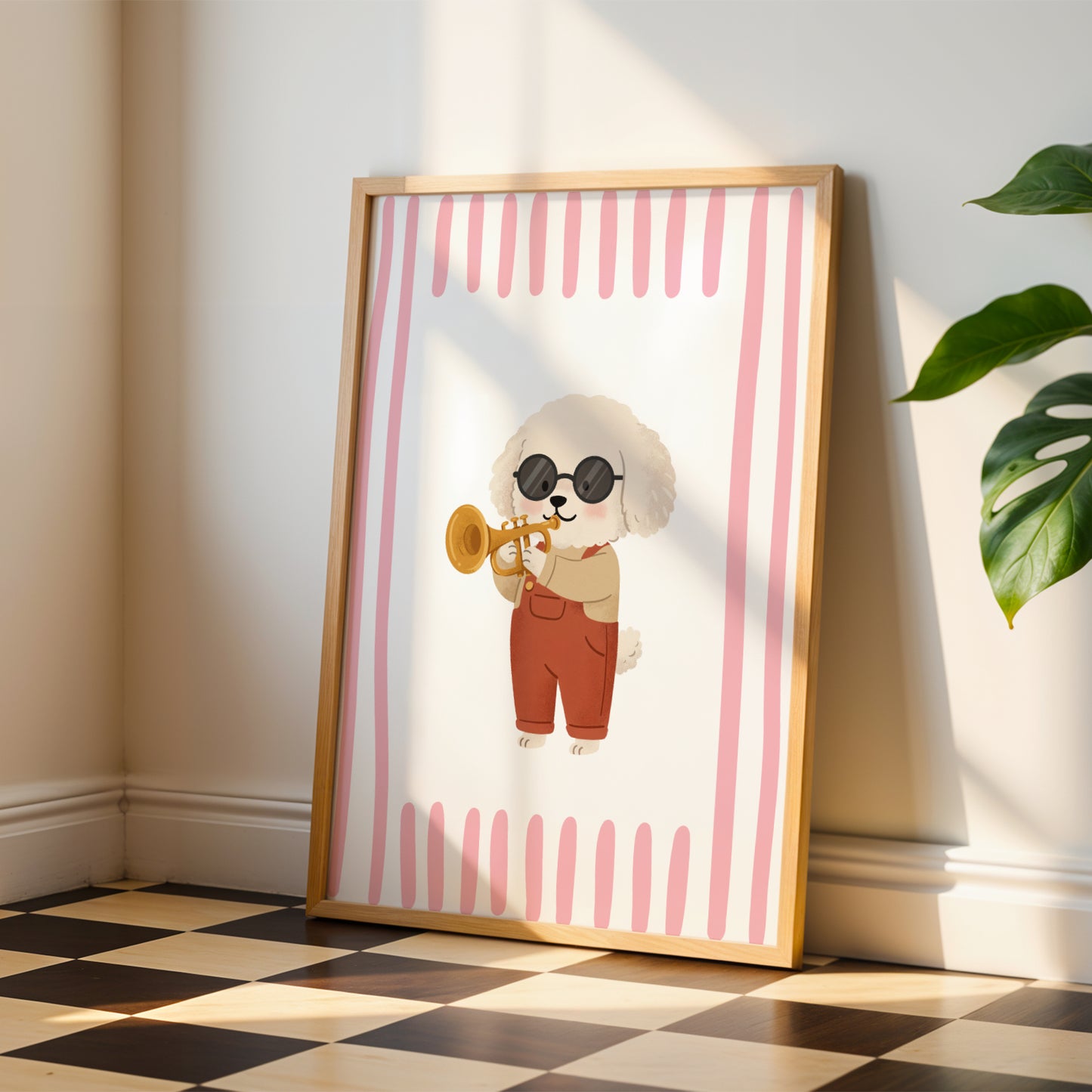 Affiche Chien Bichon Trompette - Décoration Chambre Enfant Musique, Poster Animaux Coloré, Tableau Salle de Jeux, Style Dopamine Decor