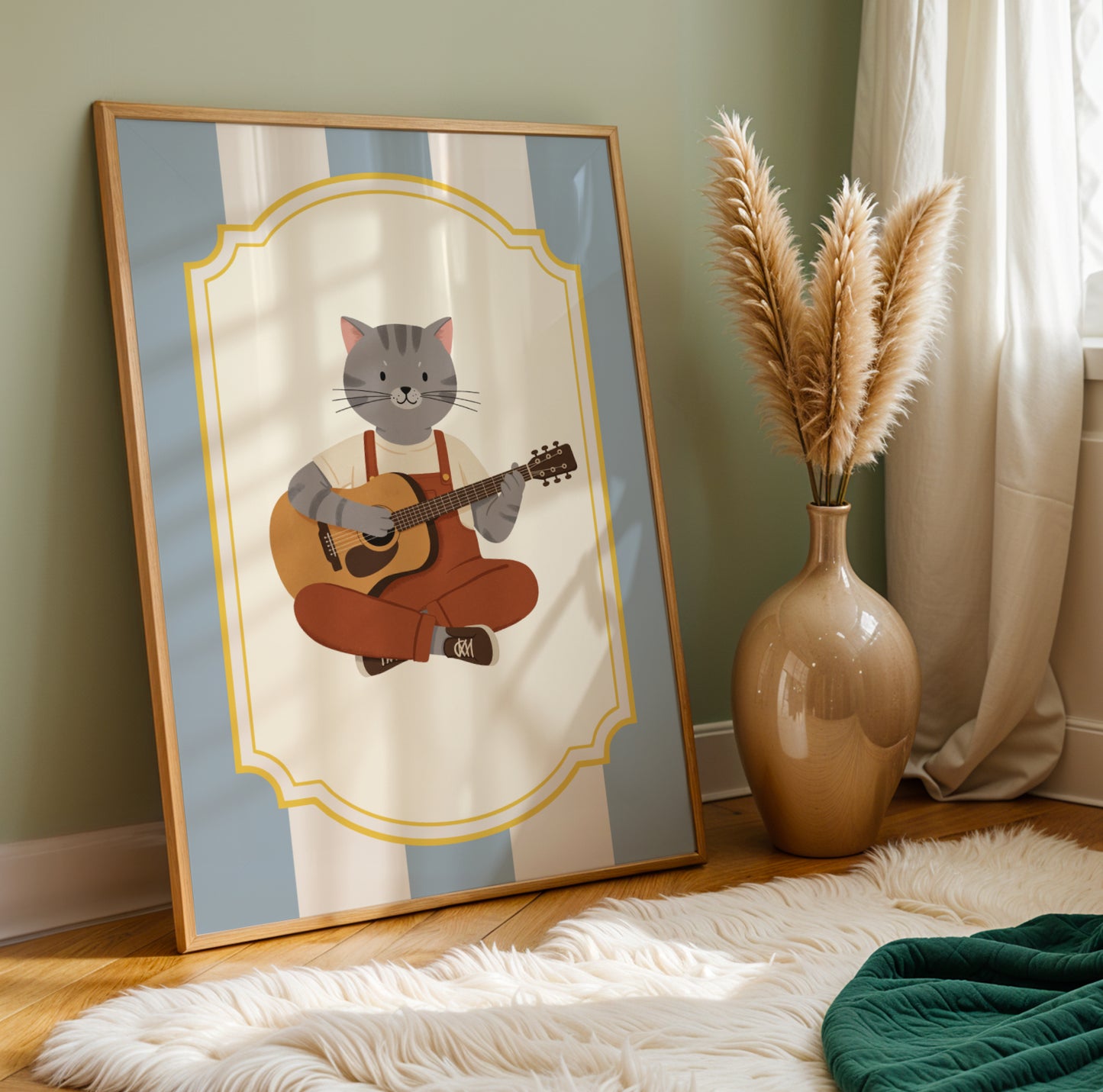 Affiche Chat Guitare Acoustique - Décoration Chambre Enfant Musique Folk, Poster Animaux Coloré, Tableau Bébé, Cadeau Naissance Original