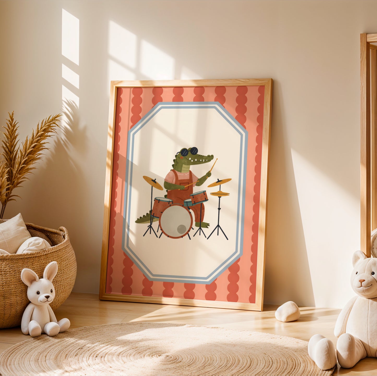 Affiche Croco Batterie - Décoration Chambre Enfant Musique, Poster Animaux Coloré, Tableau Salle de Jeux, Style Dopamine Decor