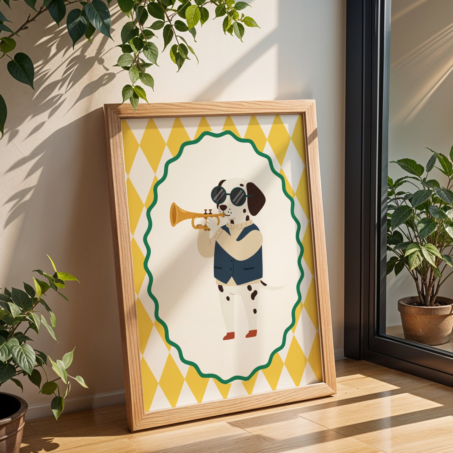 Affiche Dalmatien Trompette - Décoration Chambre Enfant Musique, Poster Animaux Coloré, Tableau Salle de Jeux, Style Dopamine Decor