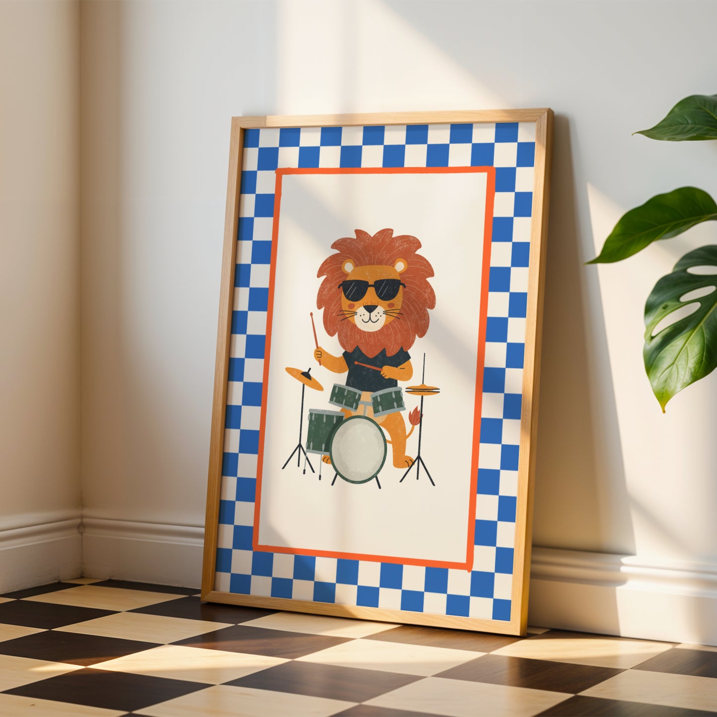 Affiche Lion Batterie - Décoration Chambre Enfant Musique, Poster Animaux Coloré, Tableau Salle de Jeux, Style Dopamine Decor