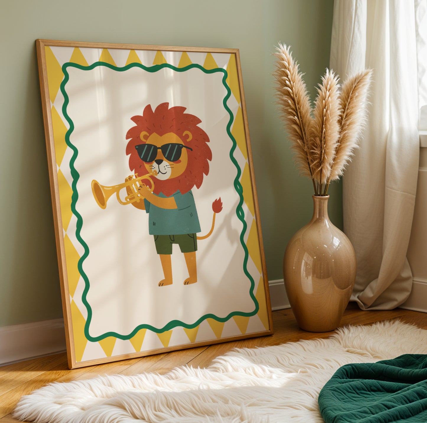 Affiche Lion Trompette - Décoration Chambre Enfant Musique, Poster Animaux Coloré, Tableau Salle de Jeux, Style Dopamine Decor