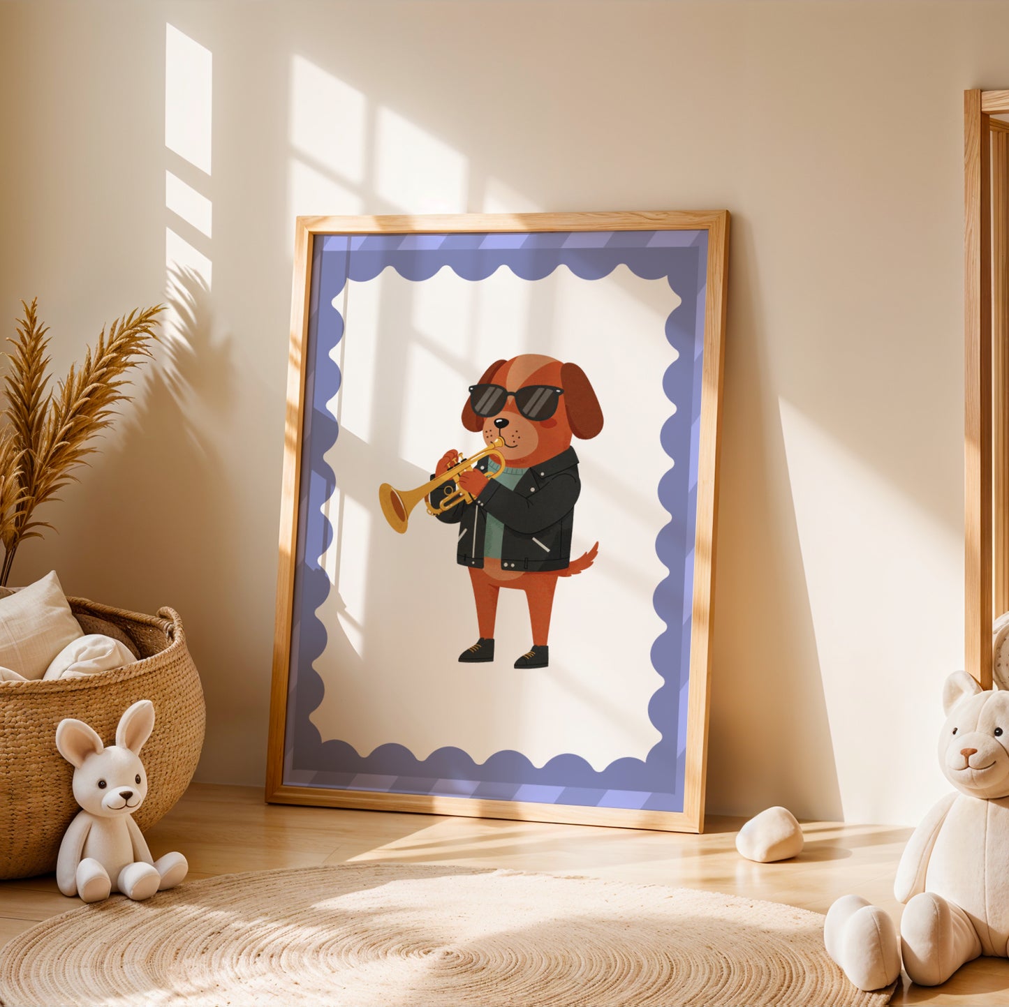 Affiche Chien Trompette - Décoration Chambre Enfant Musique, Poster Animaux Coloré, Tableau Salle de Jeux, Style Dopamine Decor