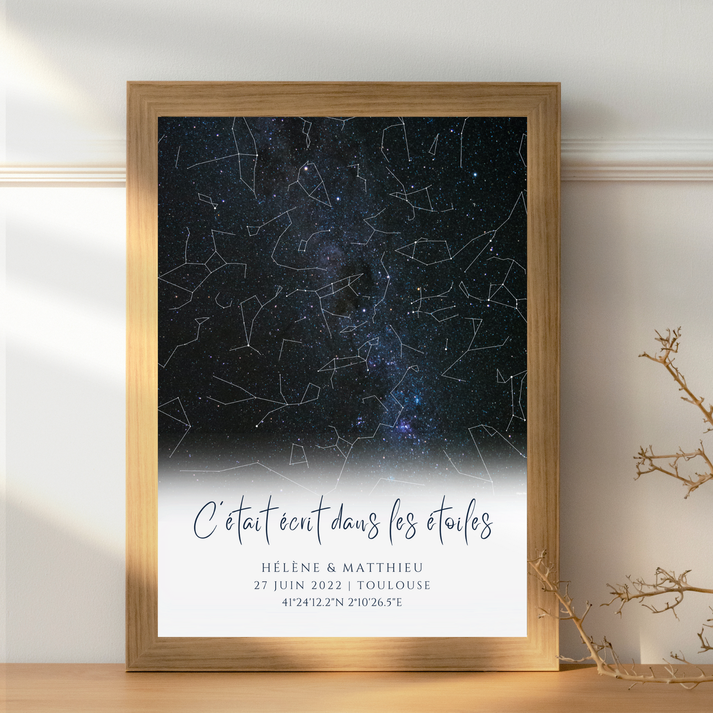 Affiche carte des étoiles personnalisée bleue - cadeau constellation pour couple