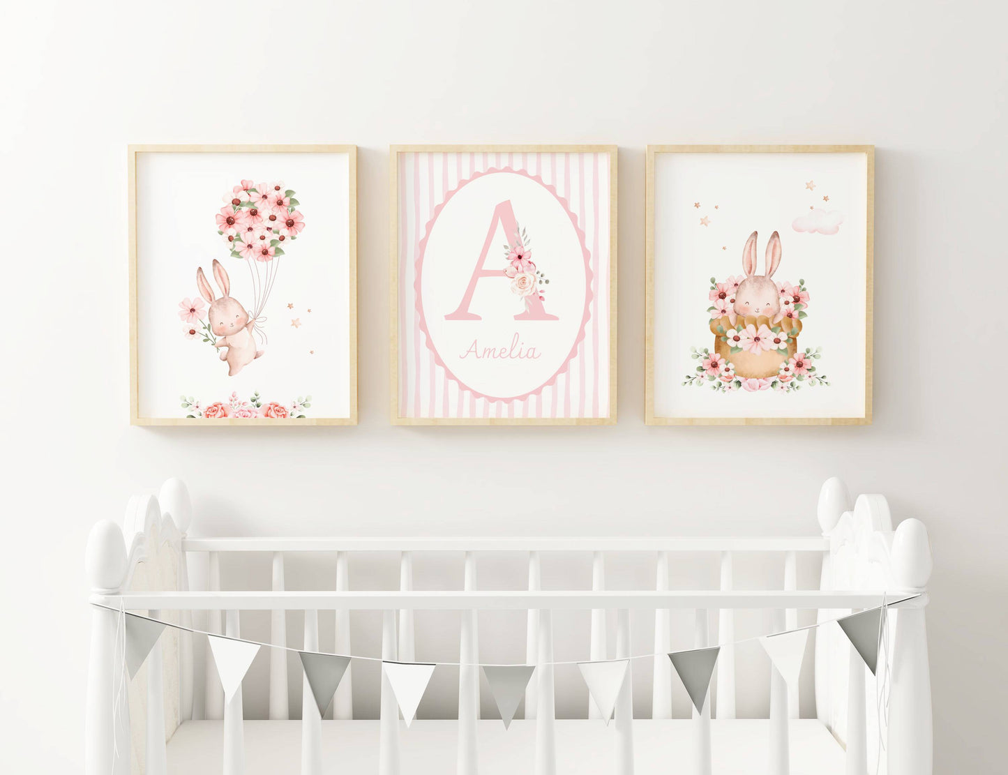 Trio Affiches enfant Lapin rose & prénom