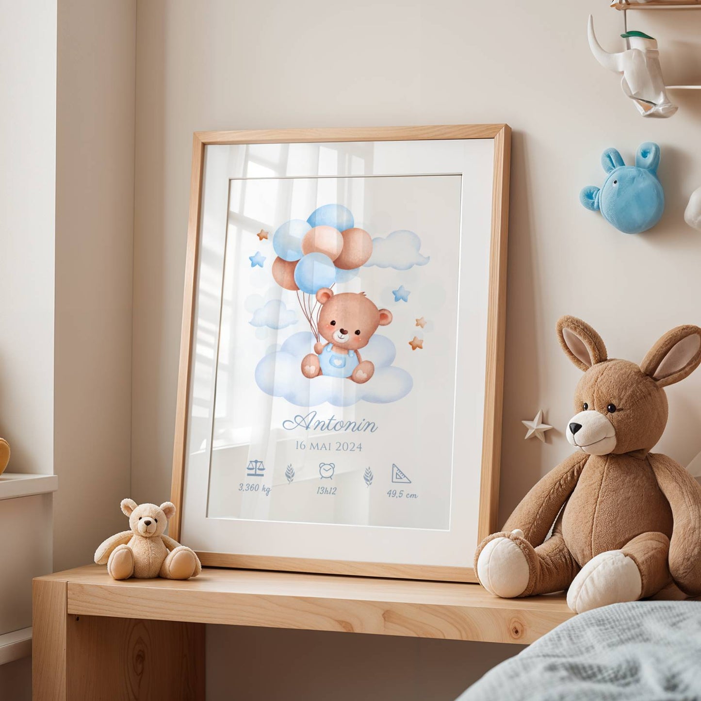 Affiche de naissance ours et ballons garçon- Décoration chambre bébé personnalisé bleu