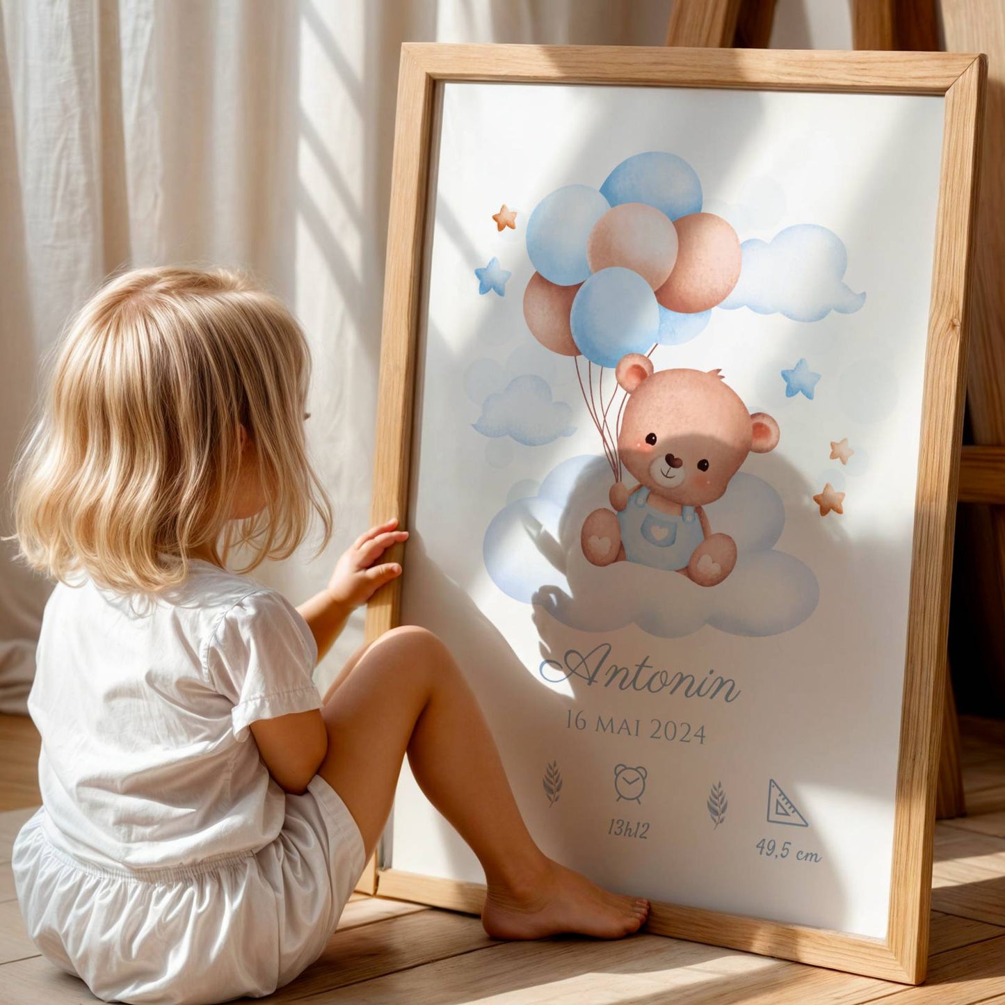 Affiche de naissance ours et ballons garçon- Décoration chambre bébé personnalisé bleu