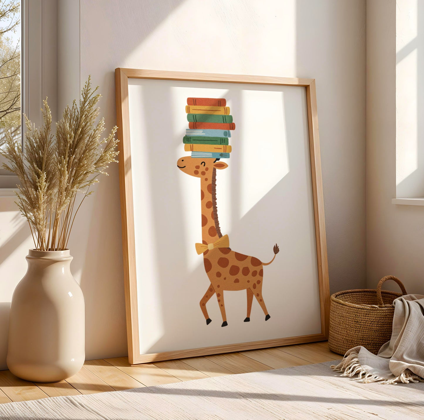 Affiche ours lecteur et girafe avec livres décoration murale chambre enfant moderne