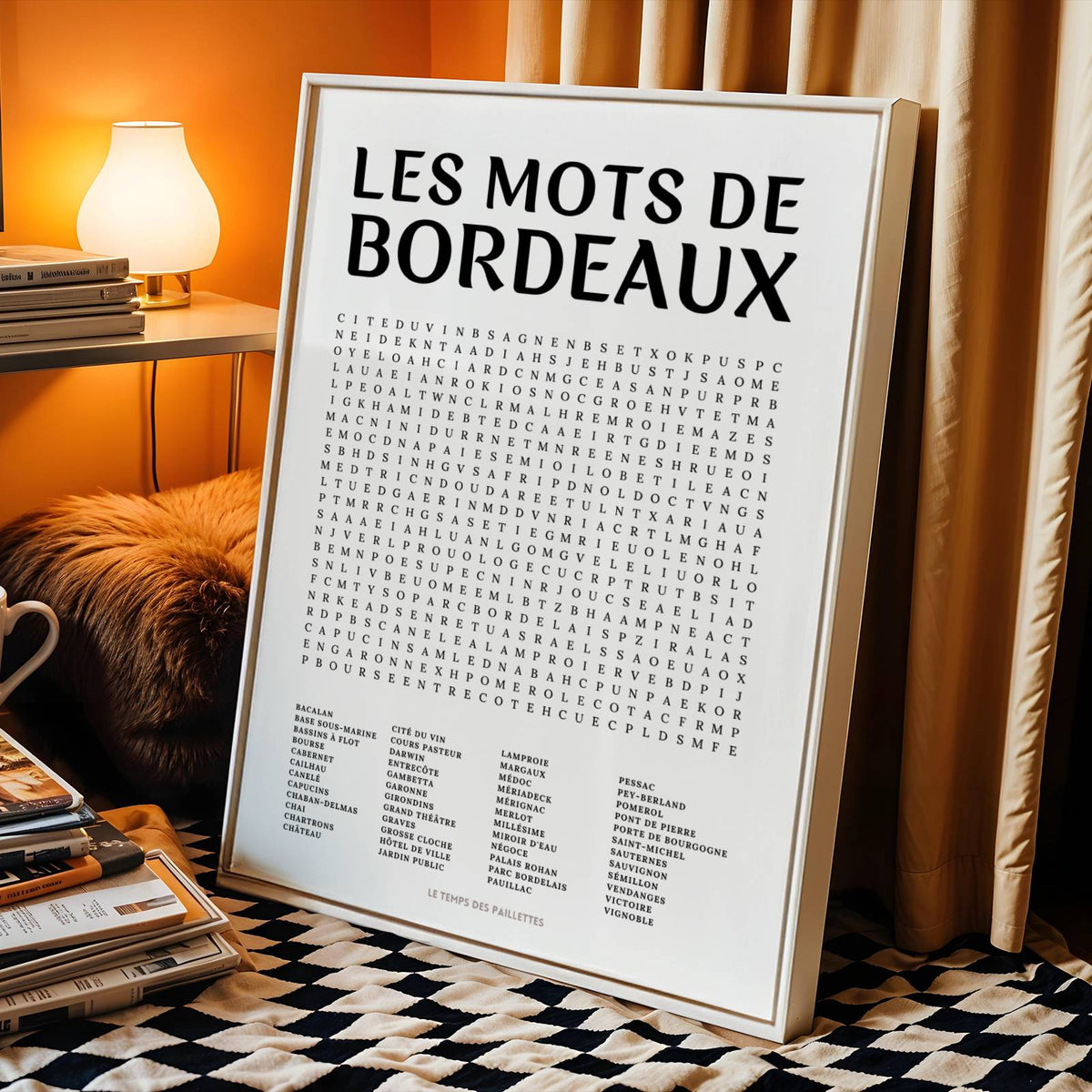 Affiche mots mêlés de Bordeaux - poster régional en noir et blanc avec grille de mots à chercher
