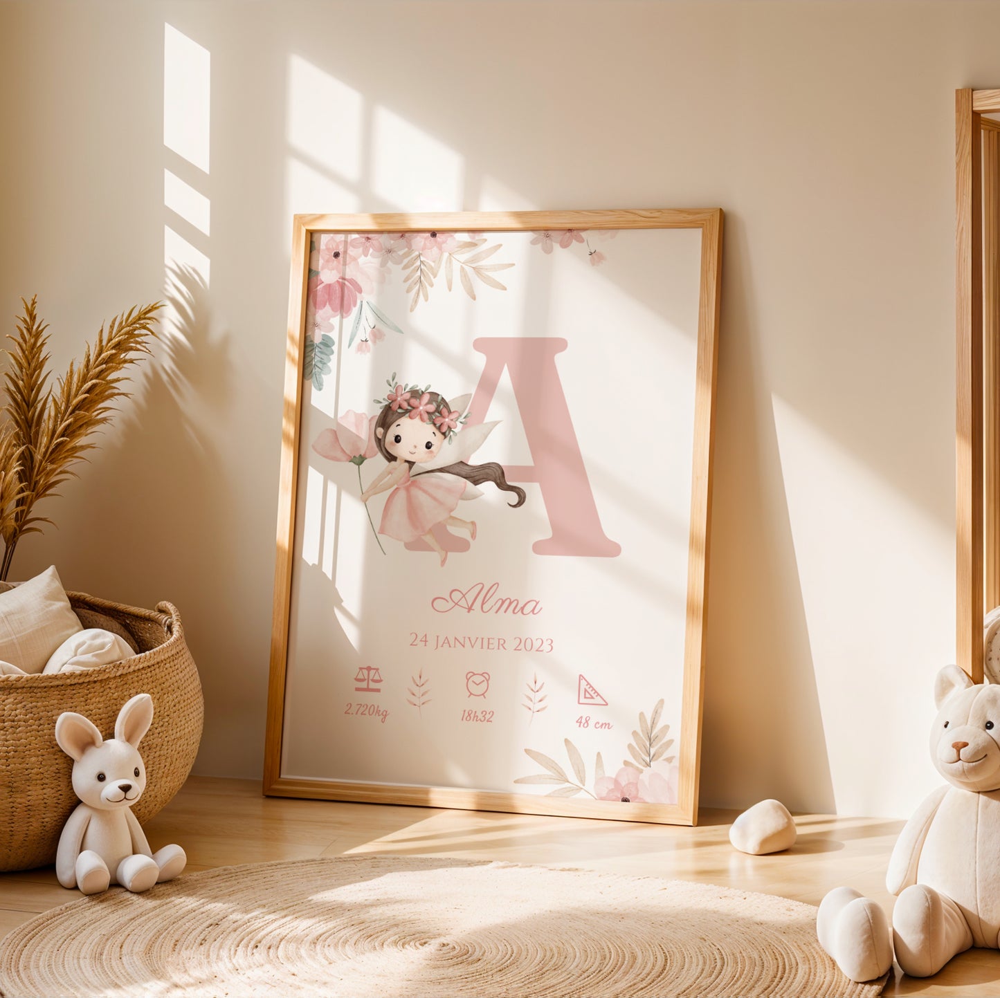 Affiche de naissance personnalisée fée aquarelle avec prénom, date et statistiques de naissance